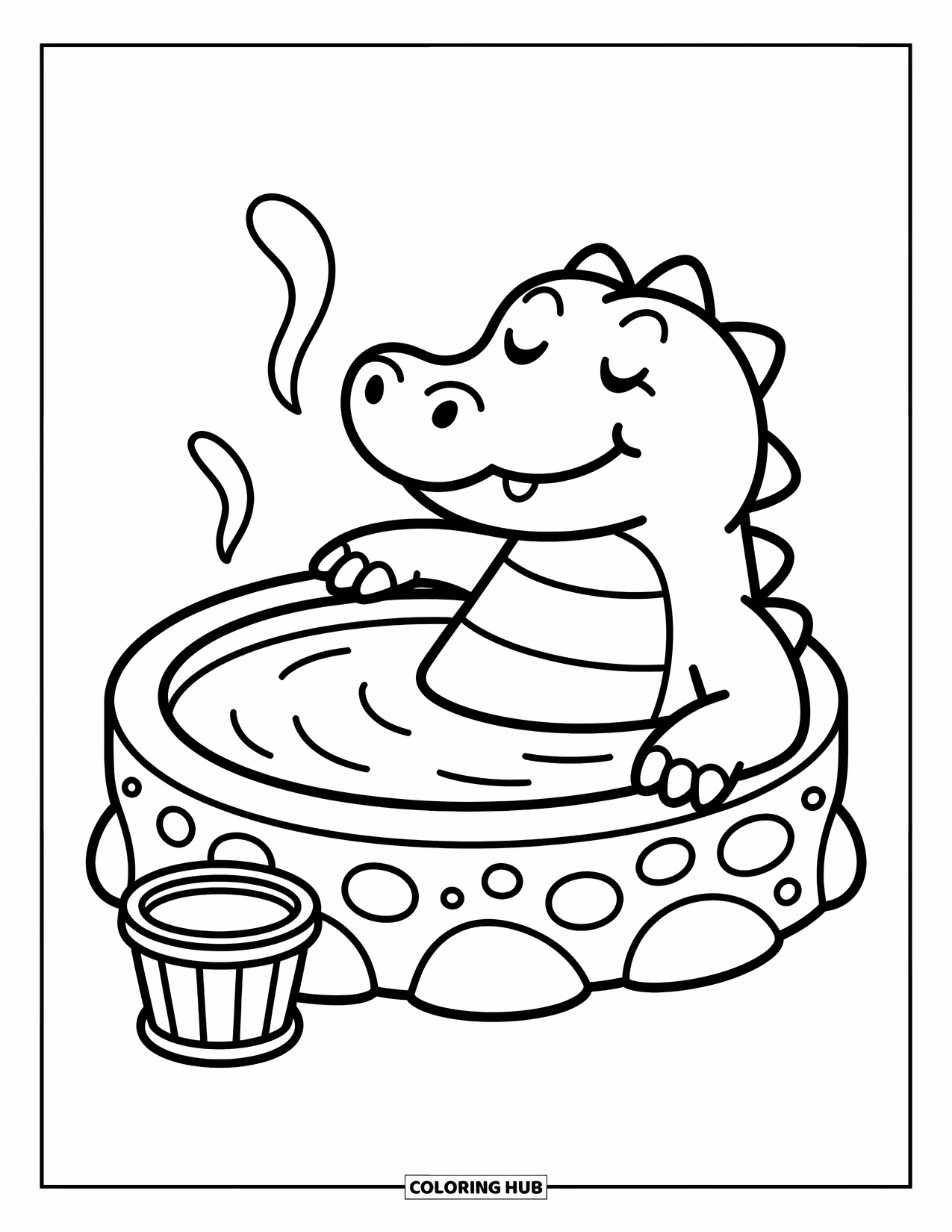Alligator Coloring Page for Adults: A relaxed alligator soaks in a hot spring with a little bucket beside it