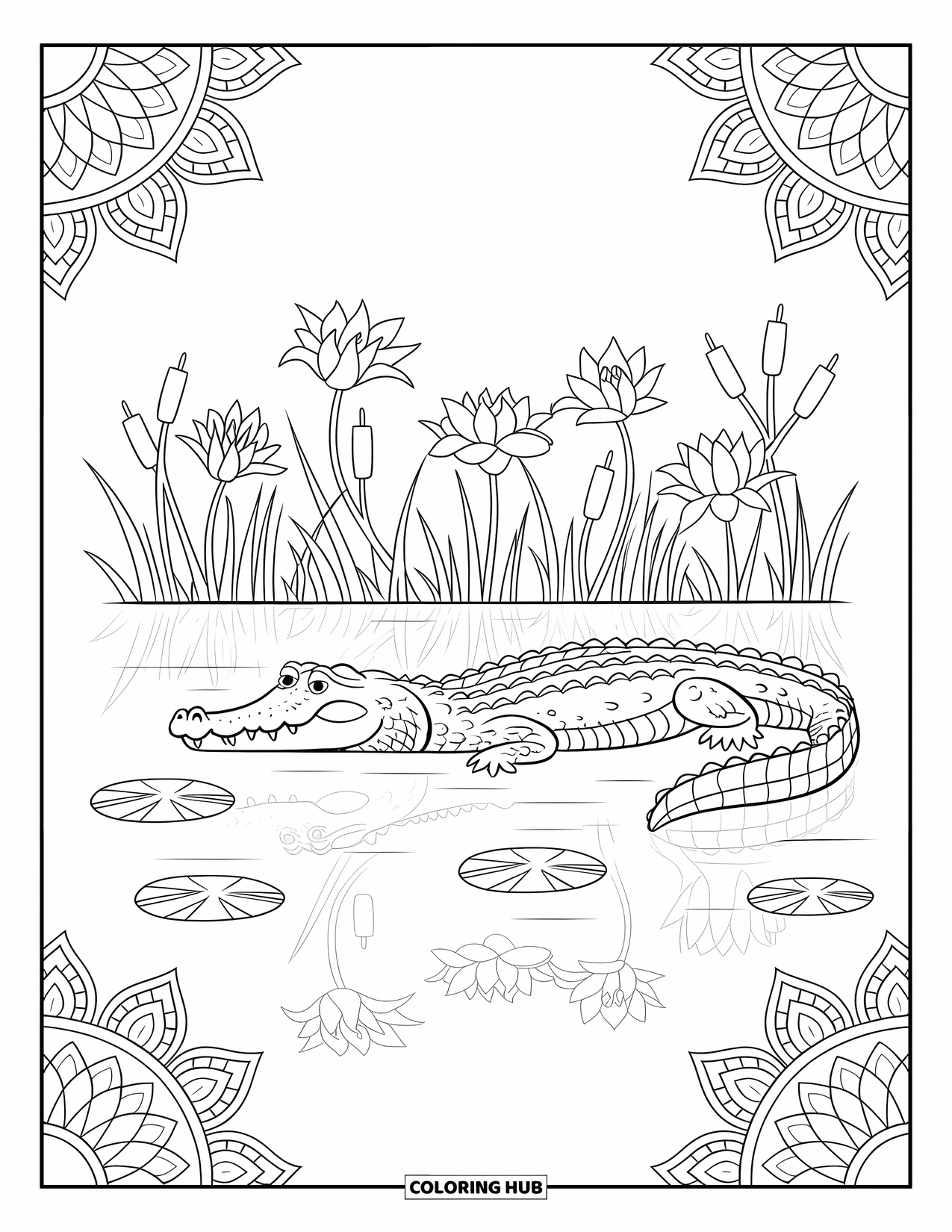 Alligator Coloring Page for Adults: A resting alligator floats in calm water with lily reflections and detailed borders