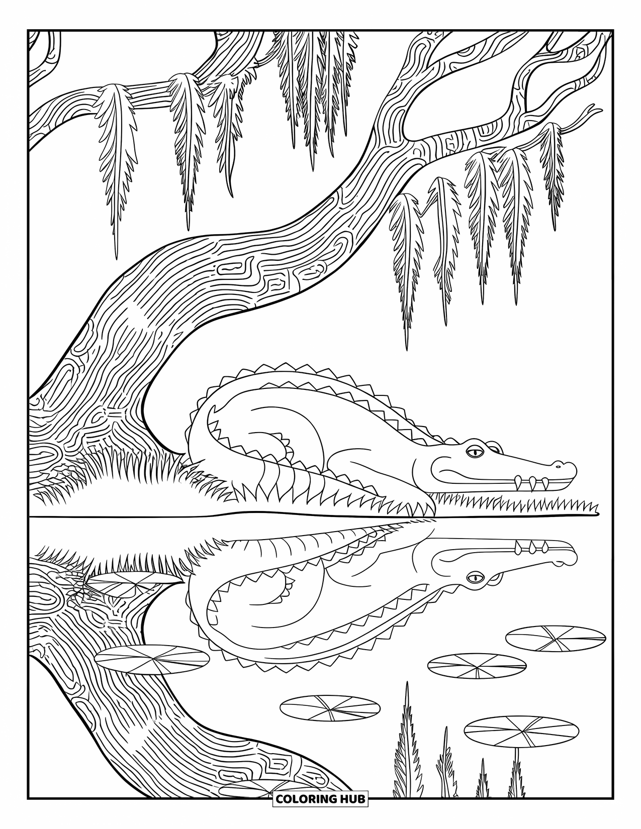 Alligator Coloring Page for Adults: A sleeping alligator curls under a mossy tree near lily-filled waters