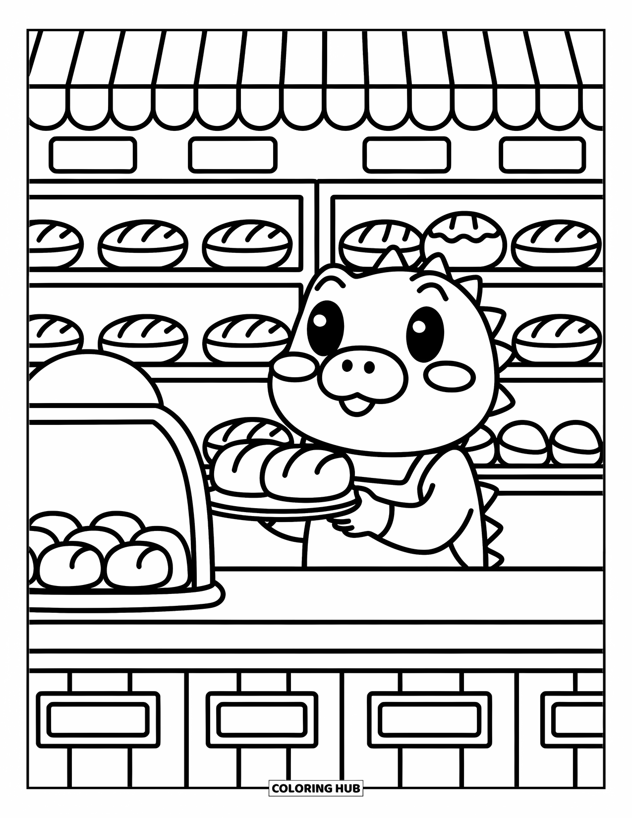 Alligator Coloring Page for Adults: A smiling alligator serves bread at a cozy bakery with cupcakes and cookies