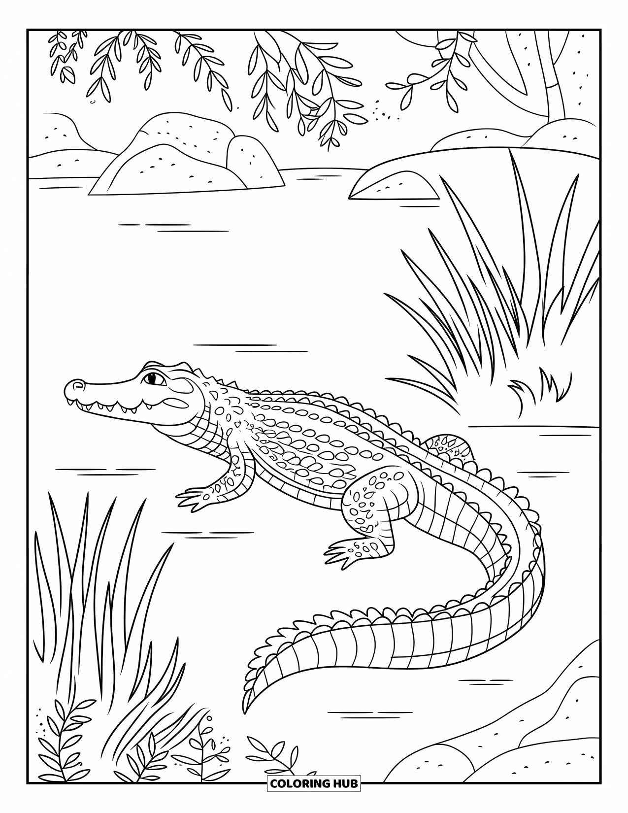 Alligator Coloring Page for Adults: An adult alligator lies by a lake, its back and tail covered in patterns
