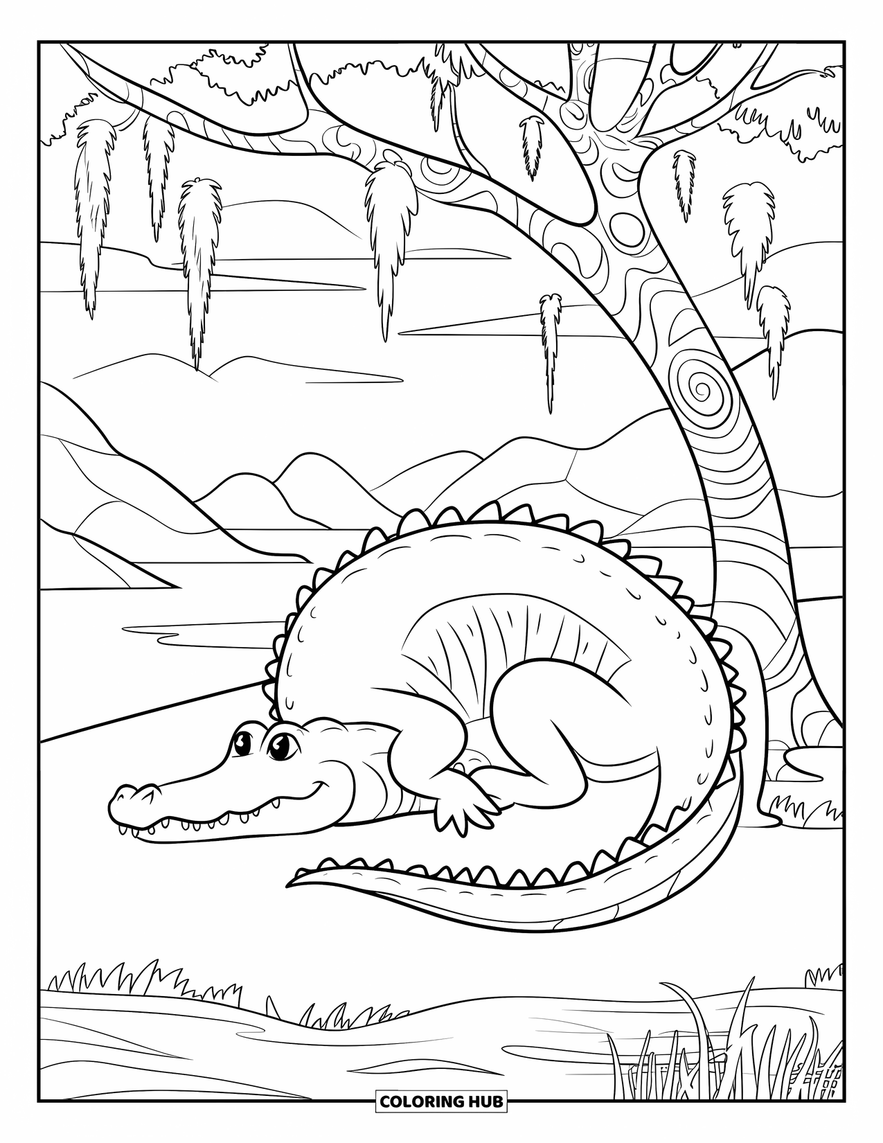 Alligator Coloring Page for Adults: An alligator dozes beneath a patterned tree with water and mountains behind