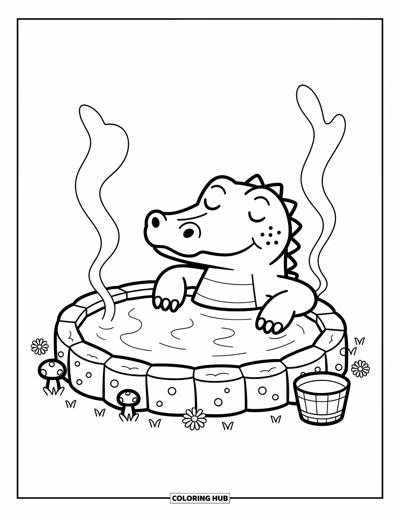 Alligator Coloring Page for Adults: An alligator enjoys a steamy hot spring with daisies and mushrooms around