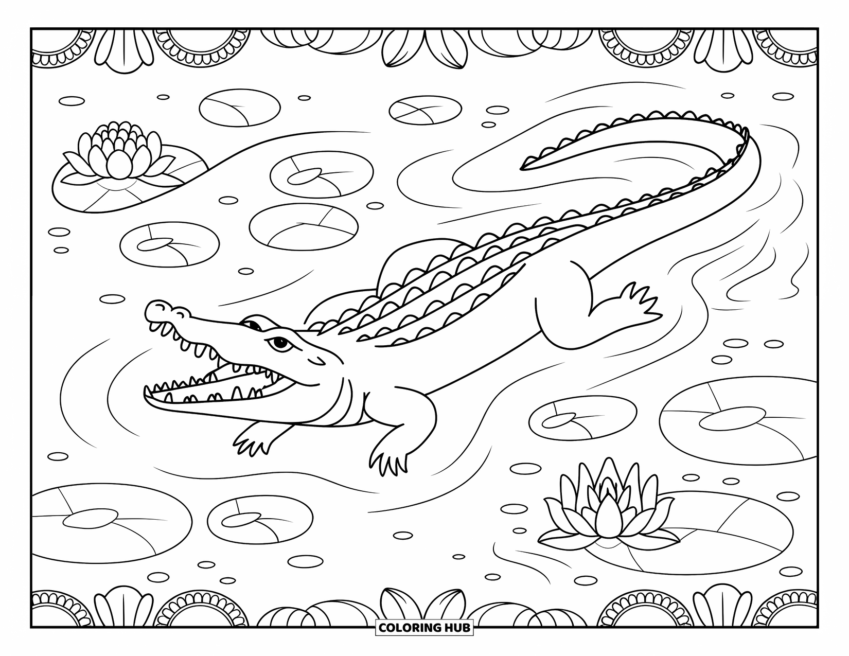 Alligator Coloring Page for Adults: An alligator glides through floral waters filled with lotus and lily pads