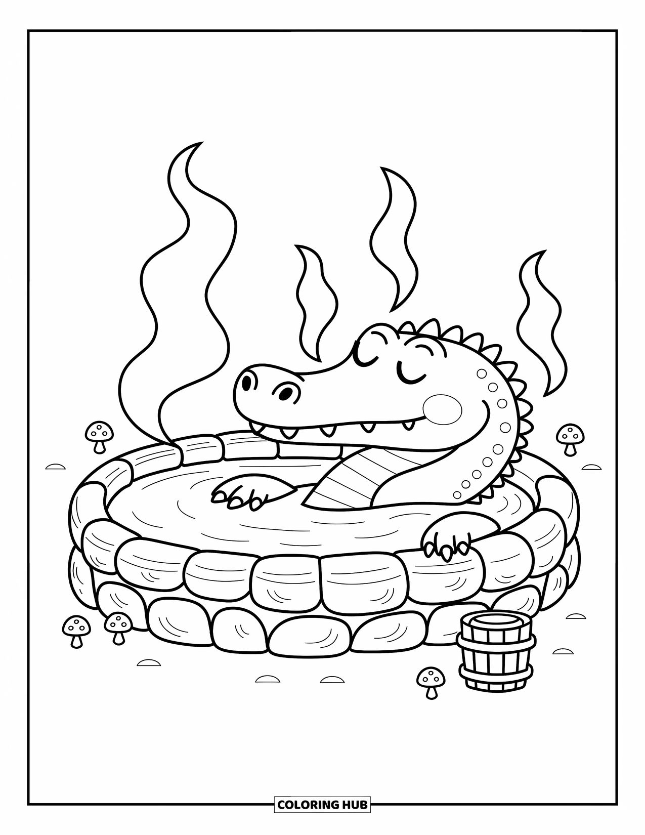 Alligator Coloring Page for Adults: An alligator lounges in a rock pool with tiny leaves and mushrooms nearby