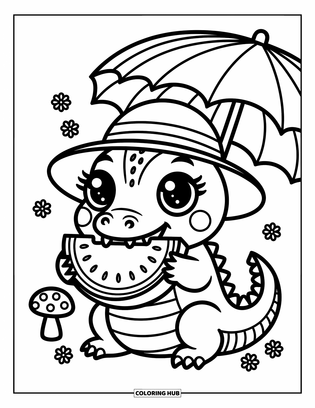 Alligator Coloring Page for Adults: An alligator munches watermelon under a palm leaf umbrella with seashells nearby
