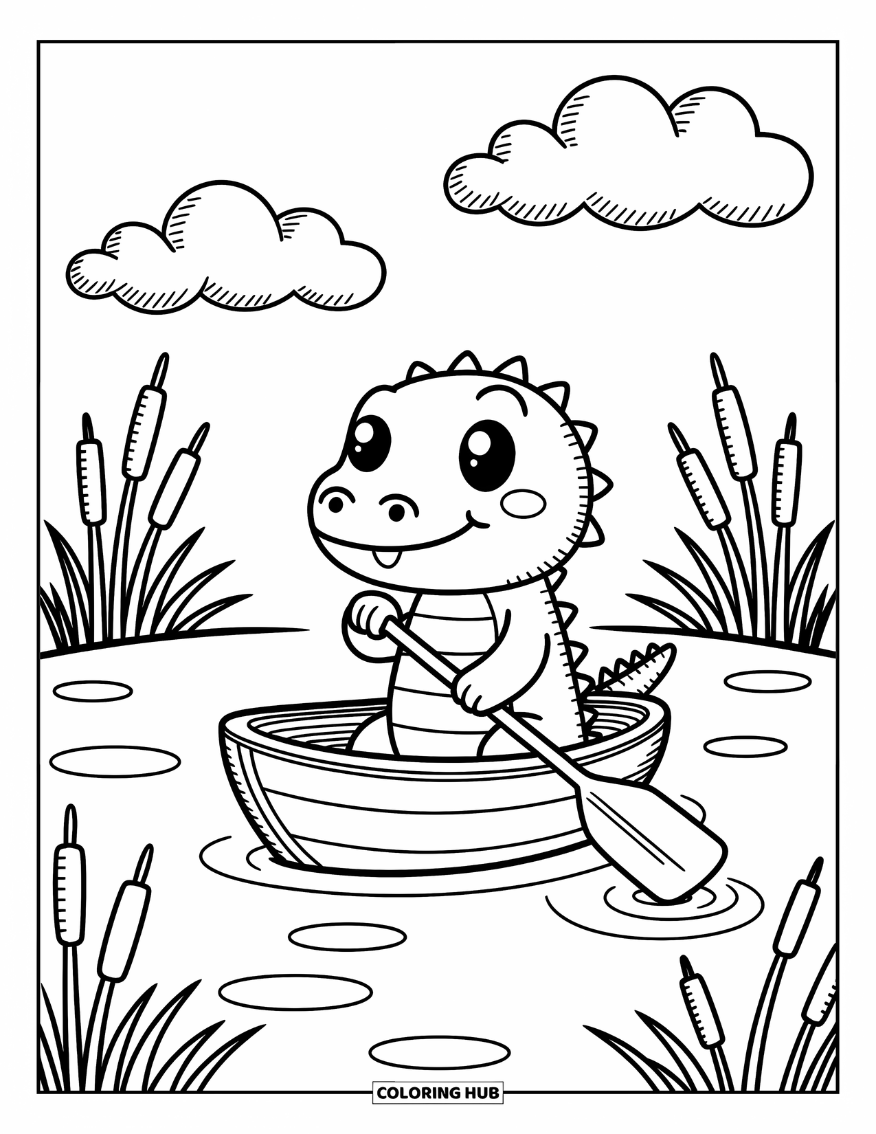 Alligator Coloring Page for Adults: An alligator paddles a tiny boat down a quiet river with cattails and clouds
