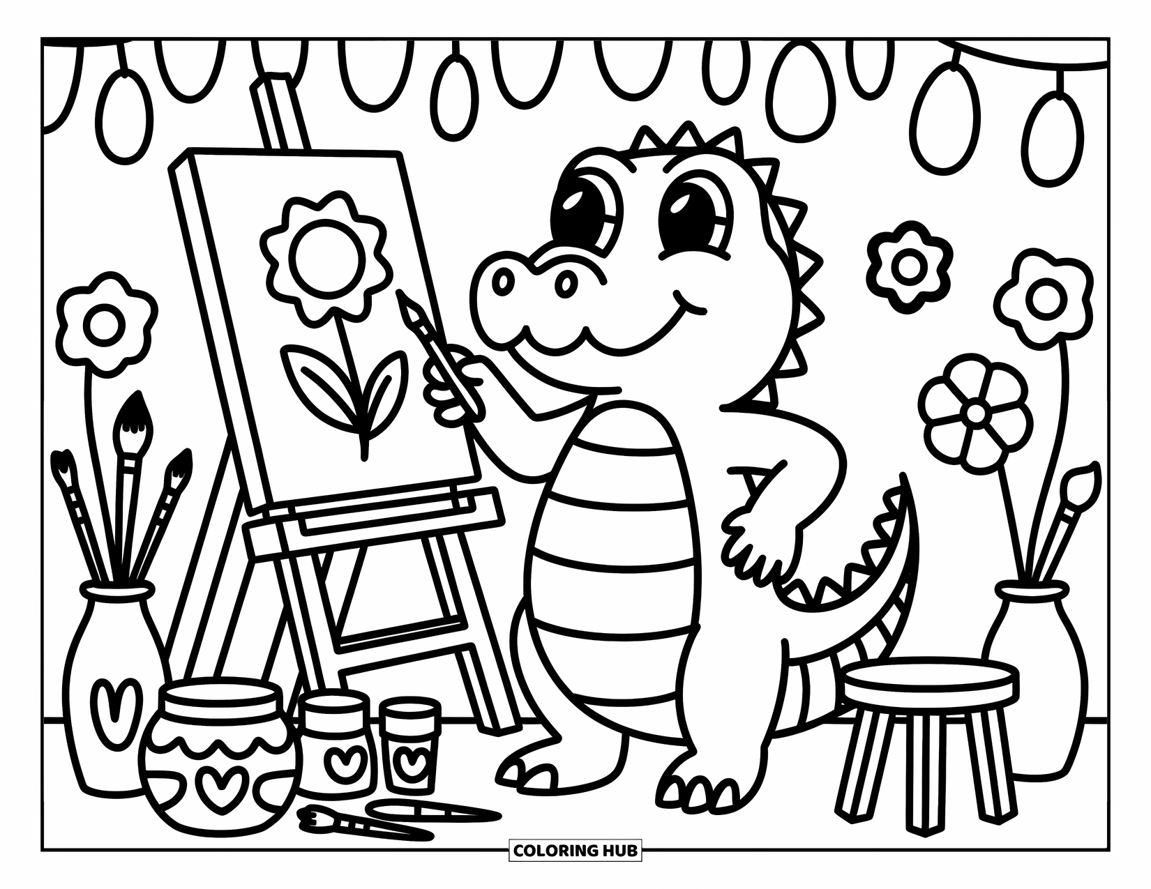 Alligator Coloring Page for Adults: An alligator paints flowers on a canvas in a cozy garden studio
