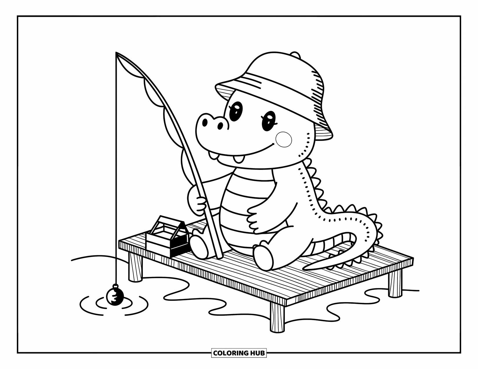 Alligator Coloring Page for Adults: An alligator relaxes on a dock with a fishing rod and a tiny tackle box