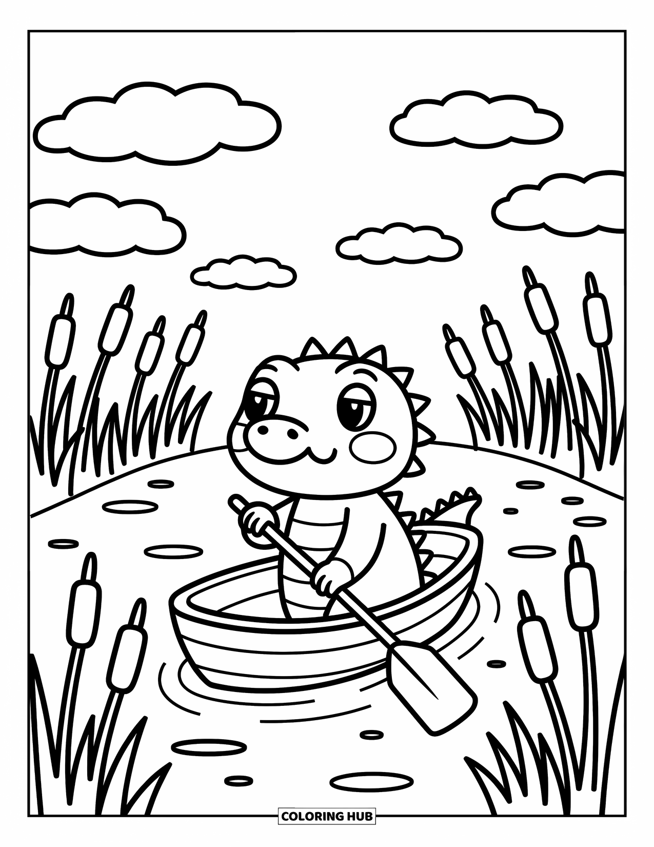 Alligator Coloring Page for Adults: An alligator rows a boat by cattails and round clouds in a peaceful scene