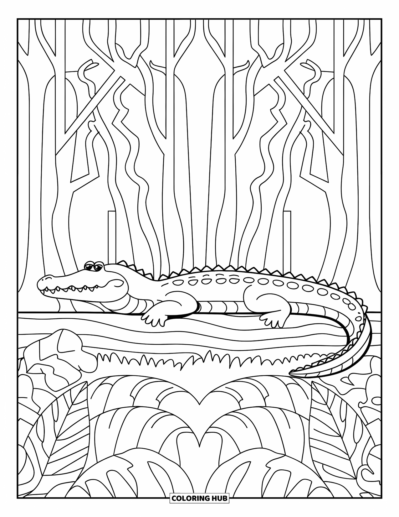 Alligator Coloring Page for Adults: An alligator sleeps on a log among trees with tangled branches and leaves
