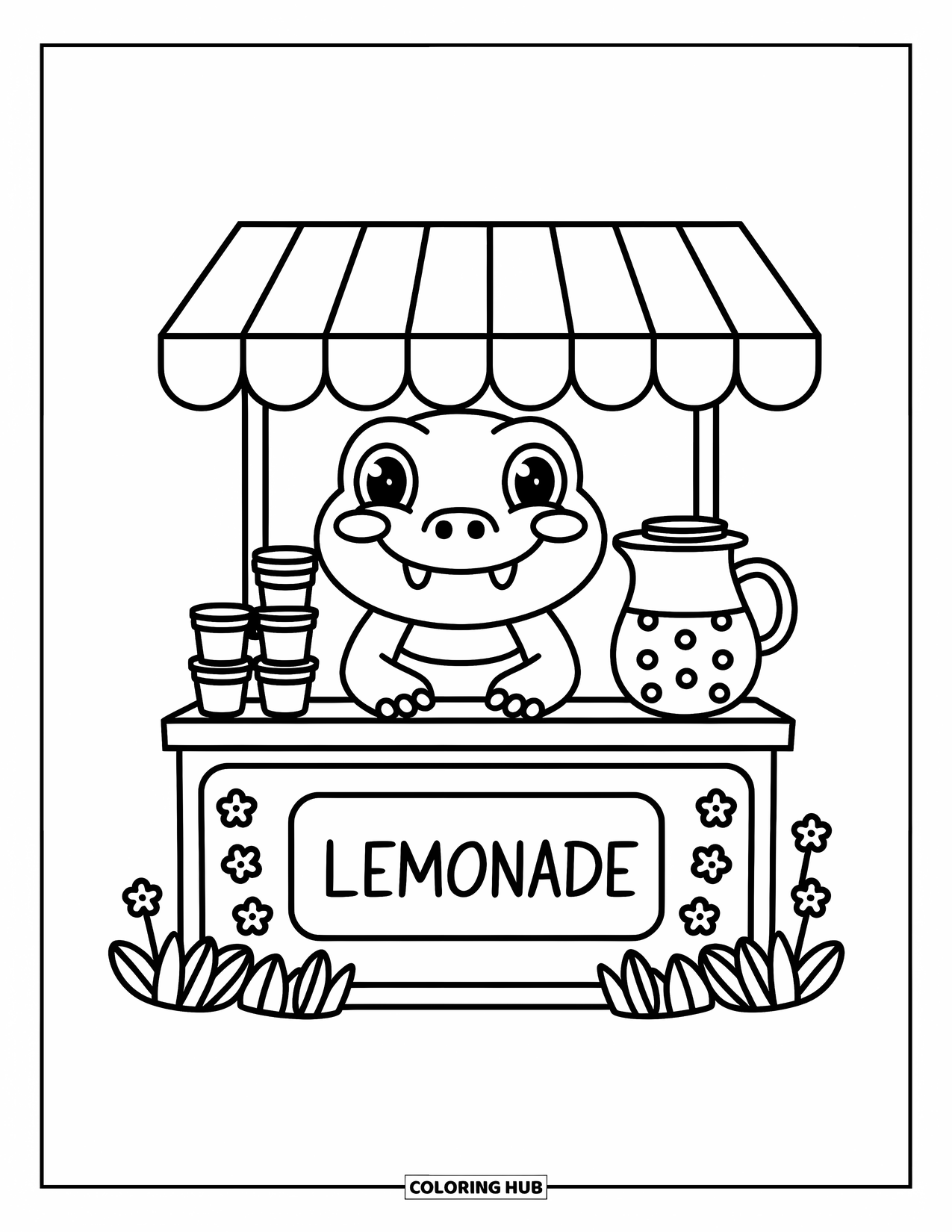 Alligator Coloring Page for Adults: An alligator stands behind a lemonade stand with cheerful signs and a big pitcher