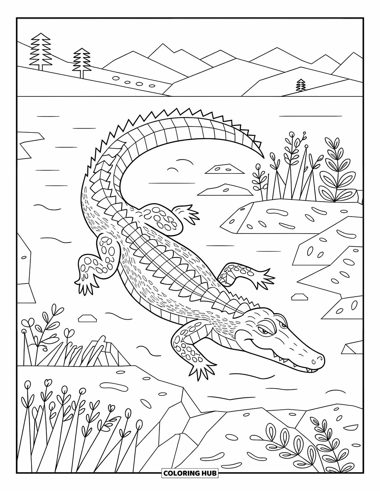 Alligator Coloring Page for Adults: An alligator swims in a patterned lake near mountains and plants