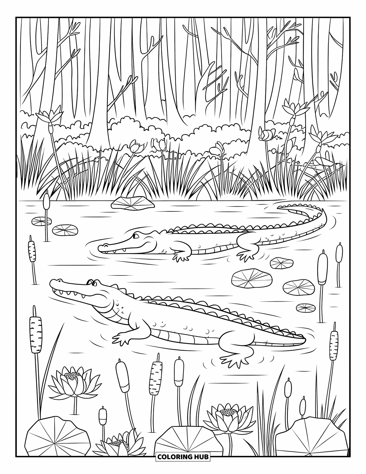 Alligator Coloring Page for Adults: An alligator swims through lotus, cattails, and twisting vines in a swamp