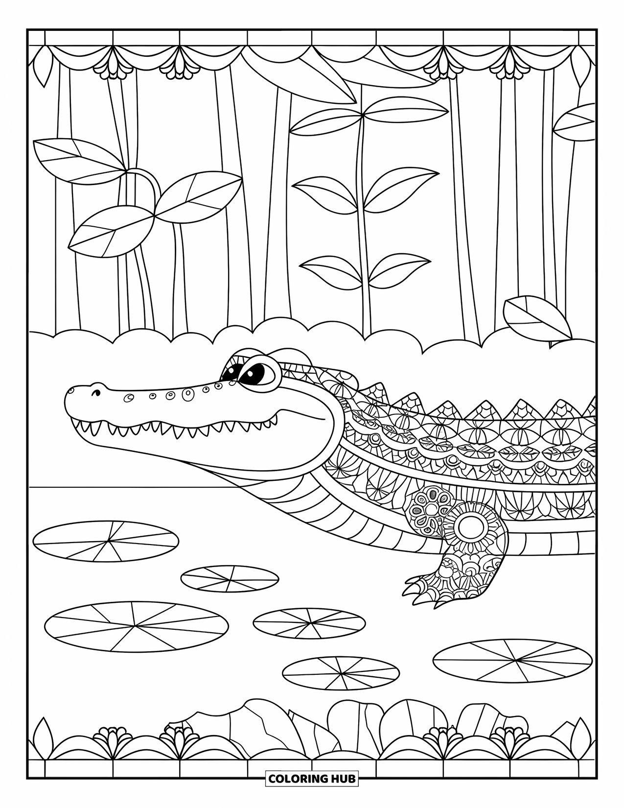 Alligator Coloring Page for Adults: An alligator with mandala scales lies near lily pads and forest trees