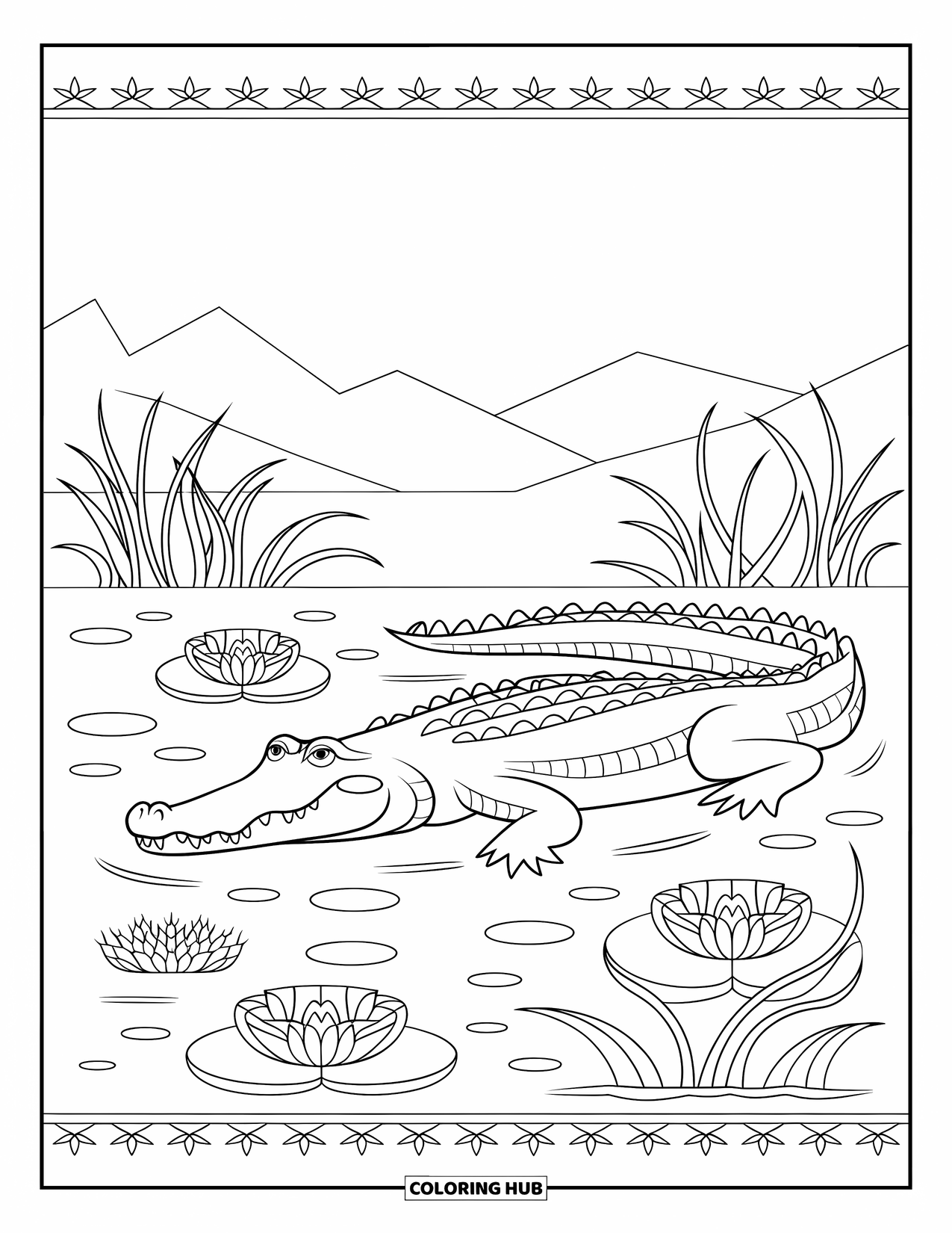 Alligator Coloring Page for Adults: An alligator with open jaws floats among mandala lilies and mountains
