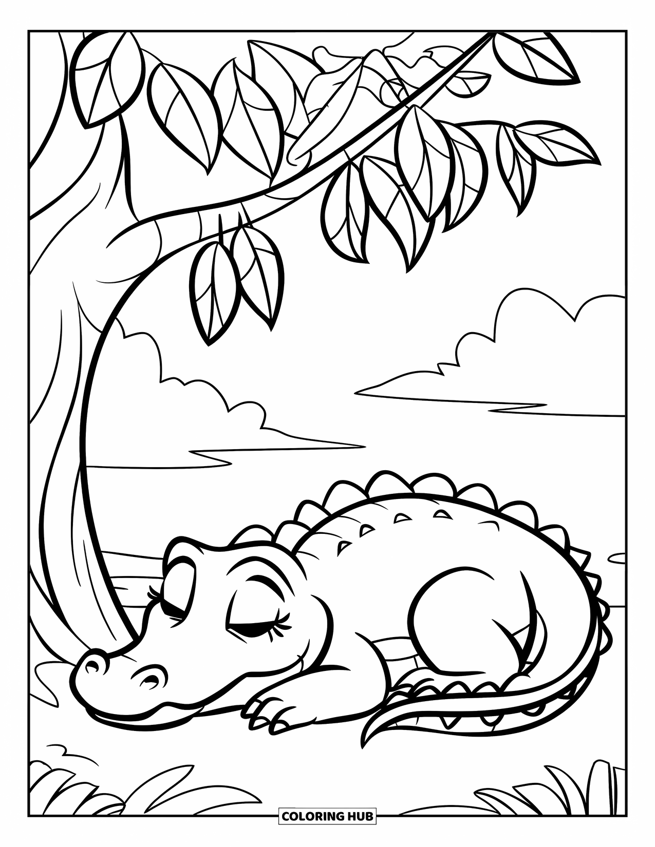Alligator Coloring Page for Kids: A baby alligator naps under big tree leaves near quiet water