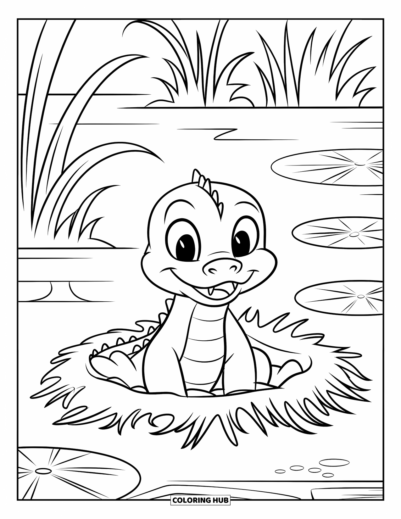 Alligator Coloring Page for Kids: A baby alligator sits beside its egg nest near a quiet swamp