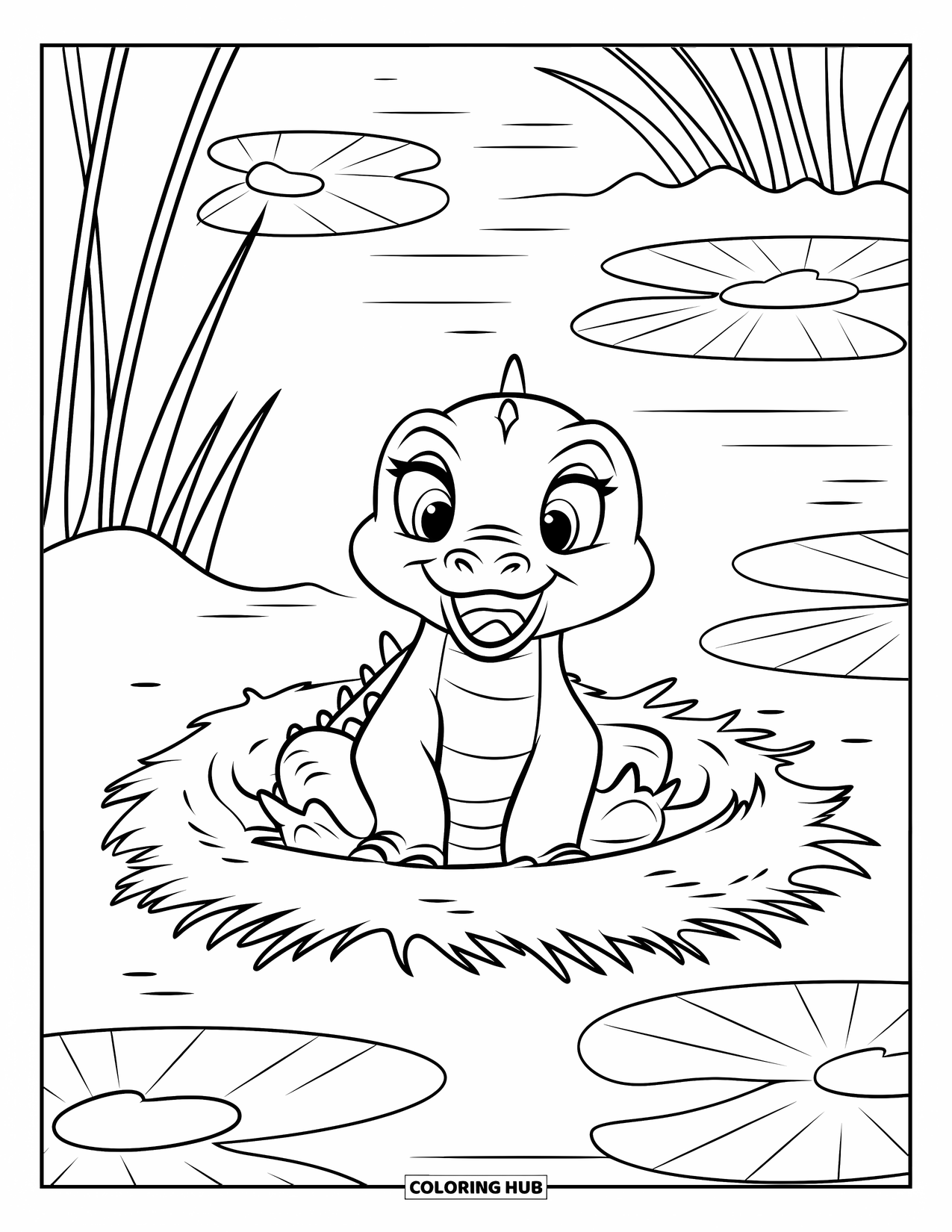 Alligator Coloring Page for Kids: A baby alligator sits proudly next to its egg nest in a lily-covered swamp