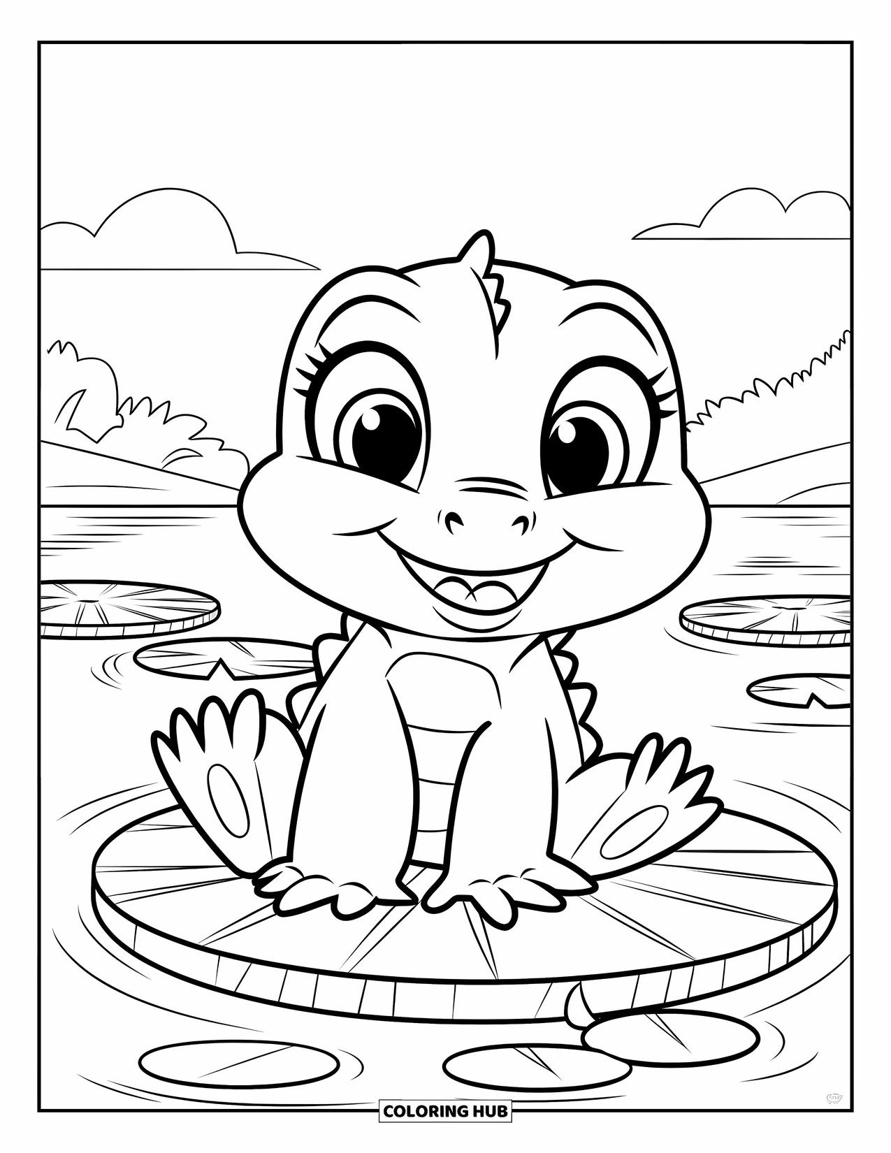 Alligator Coloring Page for Kids: A baby alligator smiles while sitting on a large lily pad under sunny skies