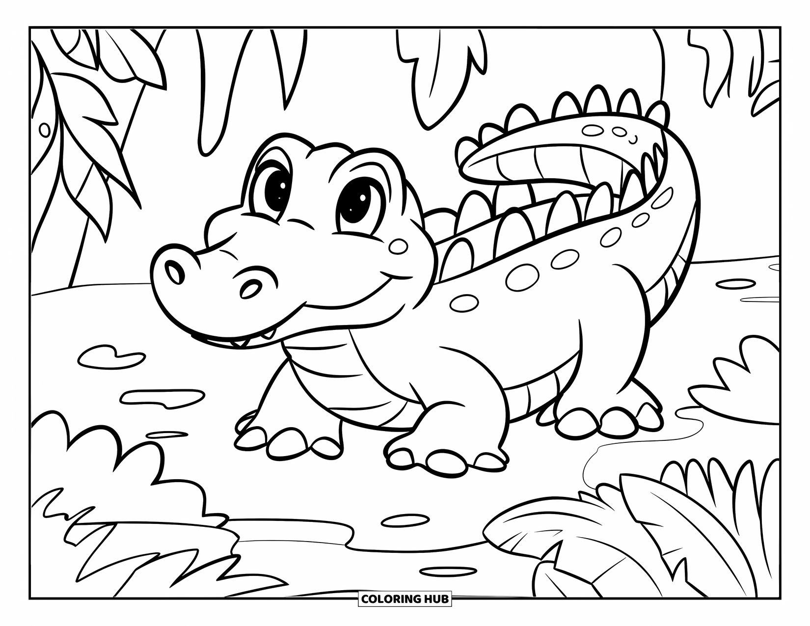 Alligator Coloring Page for Kids: A cheerful alligator peeks from a bush in a simple jungle scene