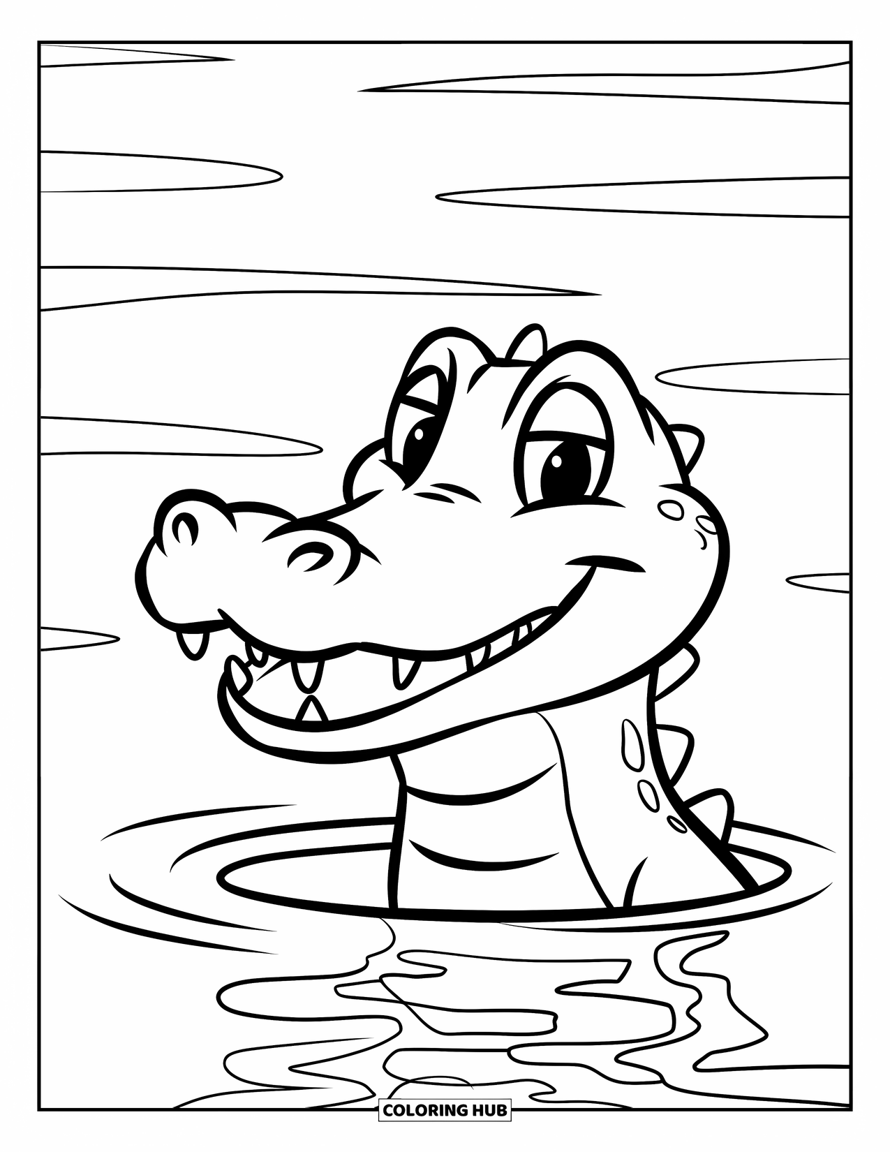 Alligator Coloring Page for Kids: A cheerful alligator peeks from the water with a big smile on its face