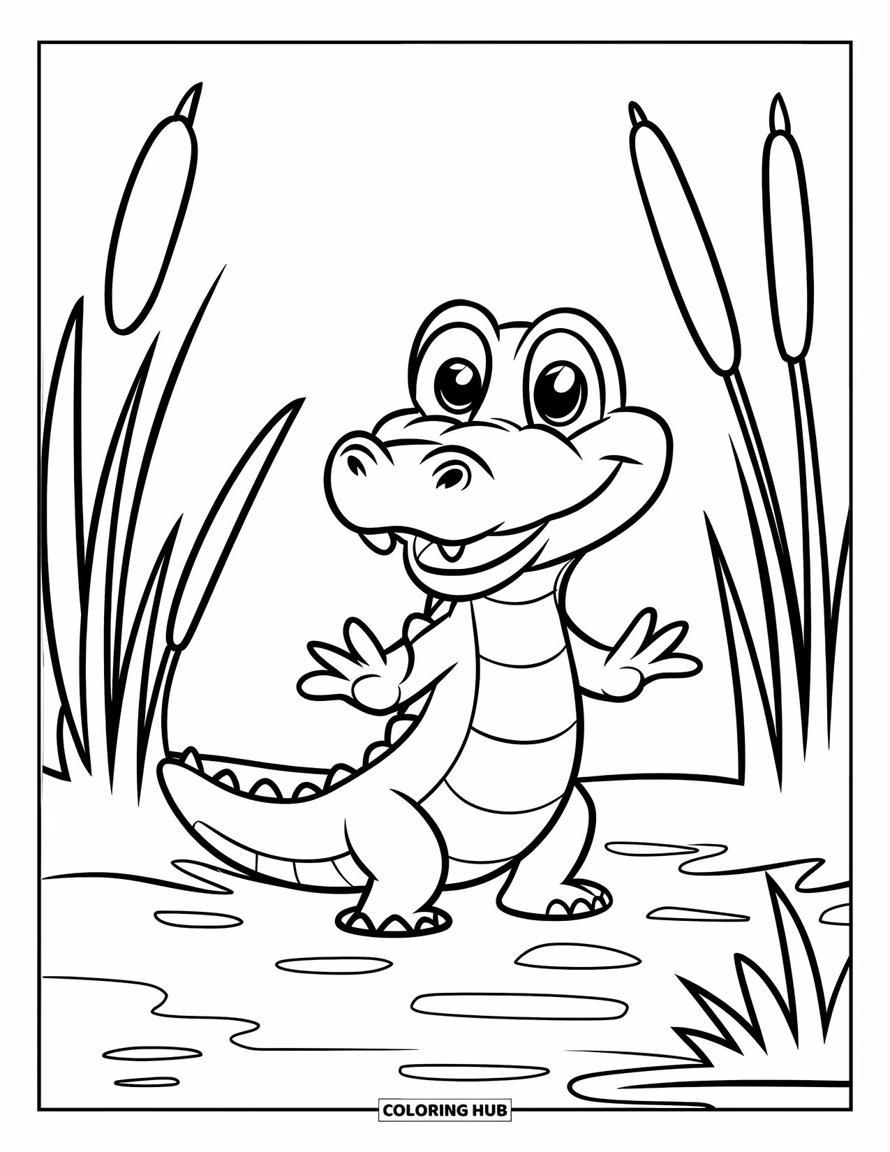 Alligator Coloring Page for Kids: A cheerful alligator stands on the riverbank in a simple, playful setting