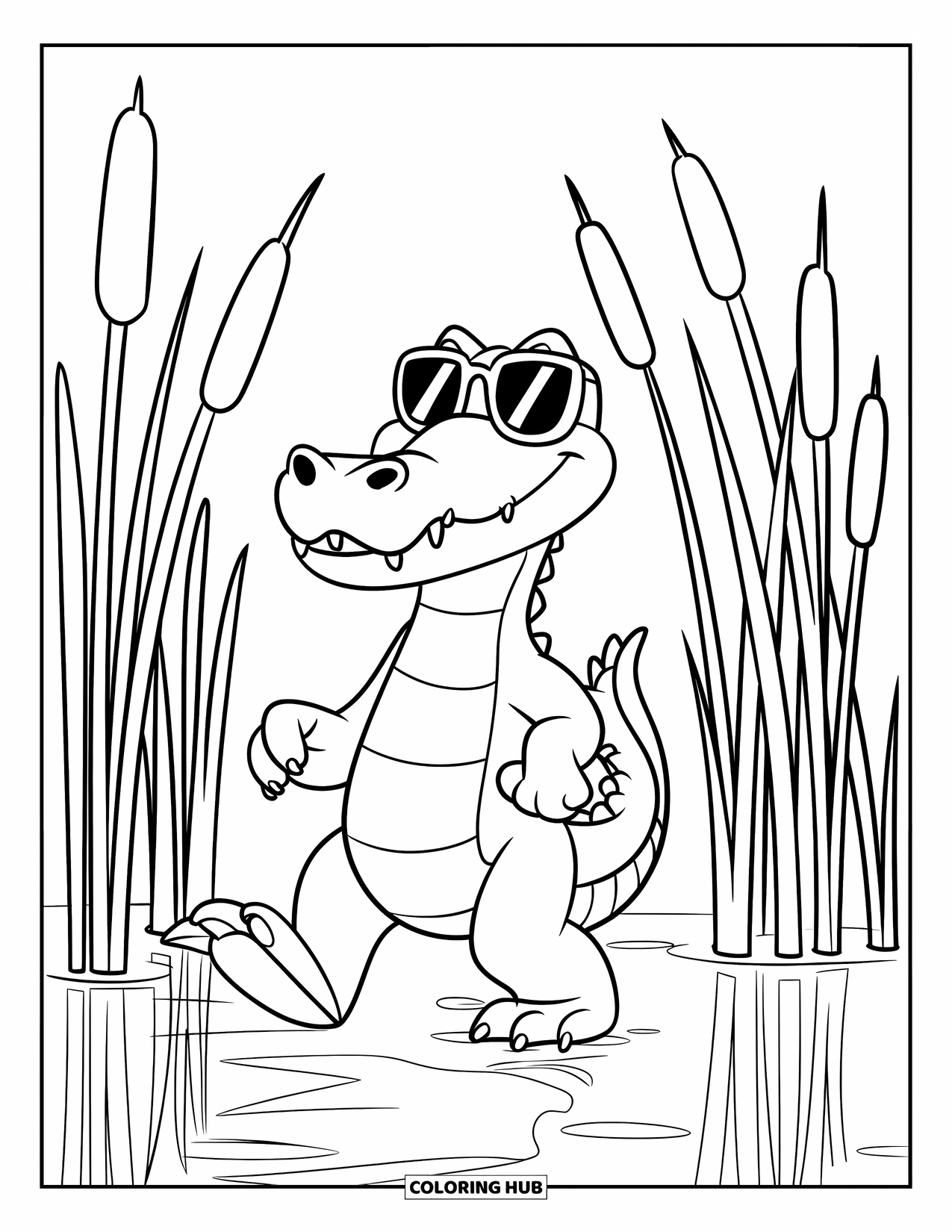 Alligator Coloring Page for Kids: A cool alligator walks confidently through swaying reeds near calm water