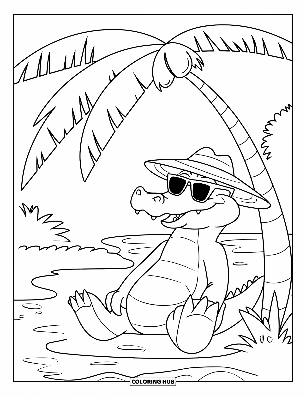 Alligator Coloring Page for Kids: A cool teen alligator in a hat lounges by a pond under palm trees