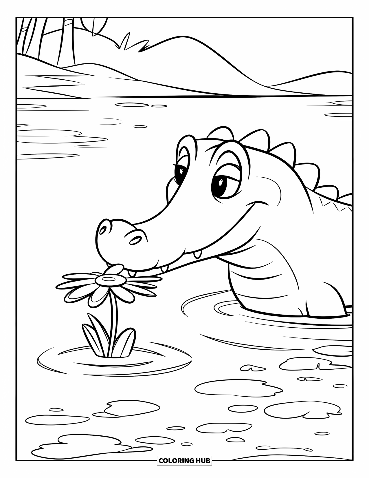 Alligator Coloring Page for Kids: A curious alligator nudges a flower in quiet water near distant mountains