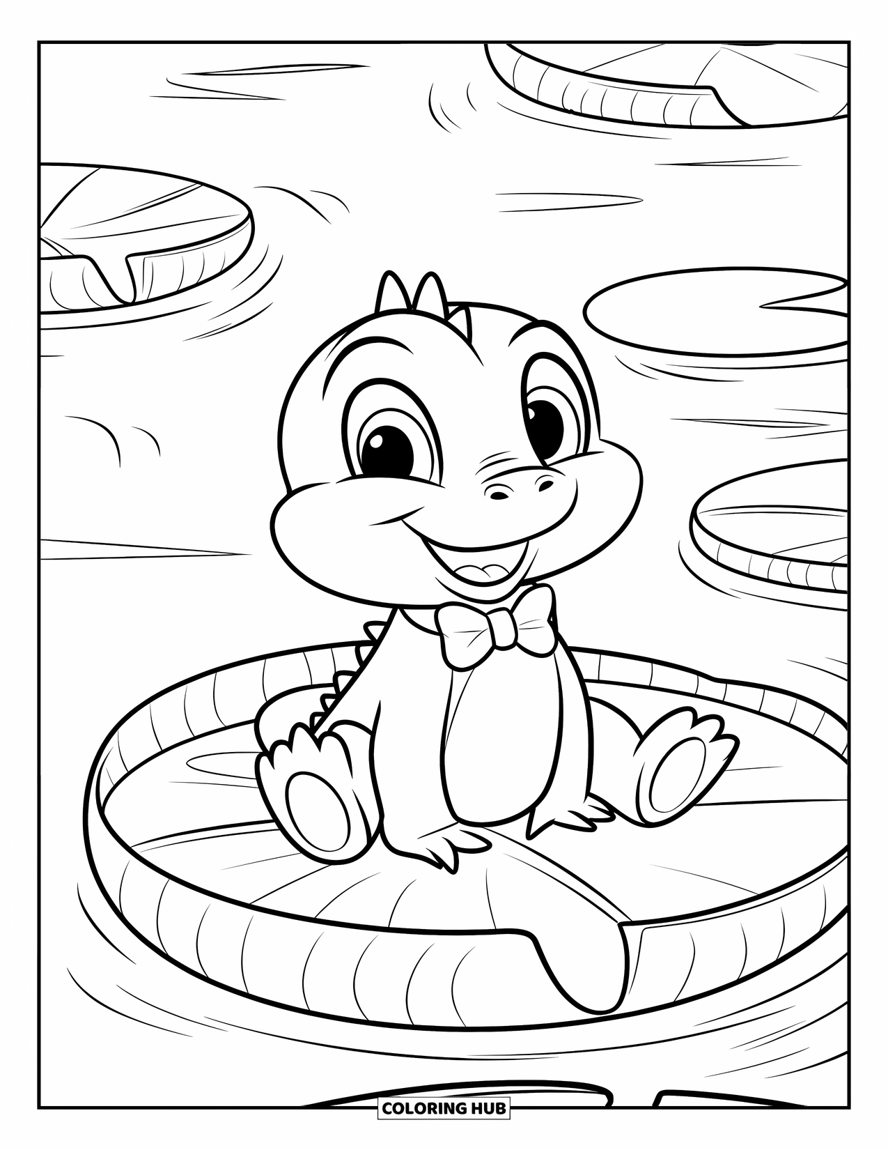 Alligator Coloring Page for Kids: A cute alligator with a bowtie sits happily on a big lily pad