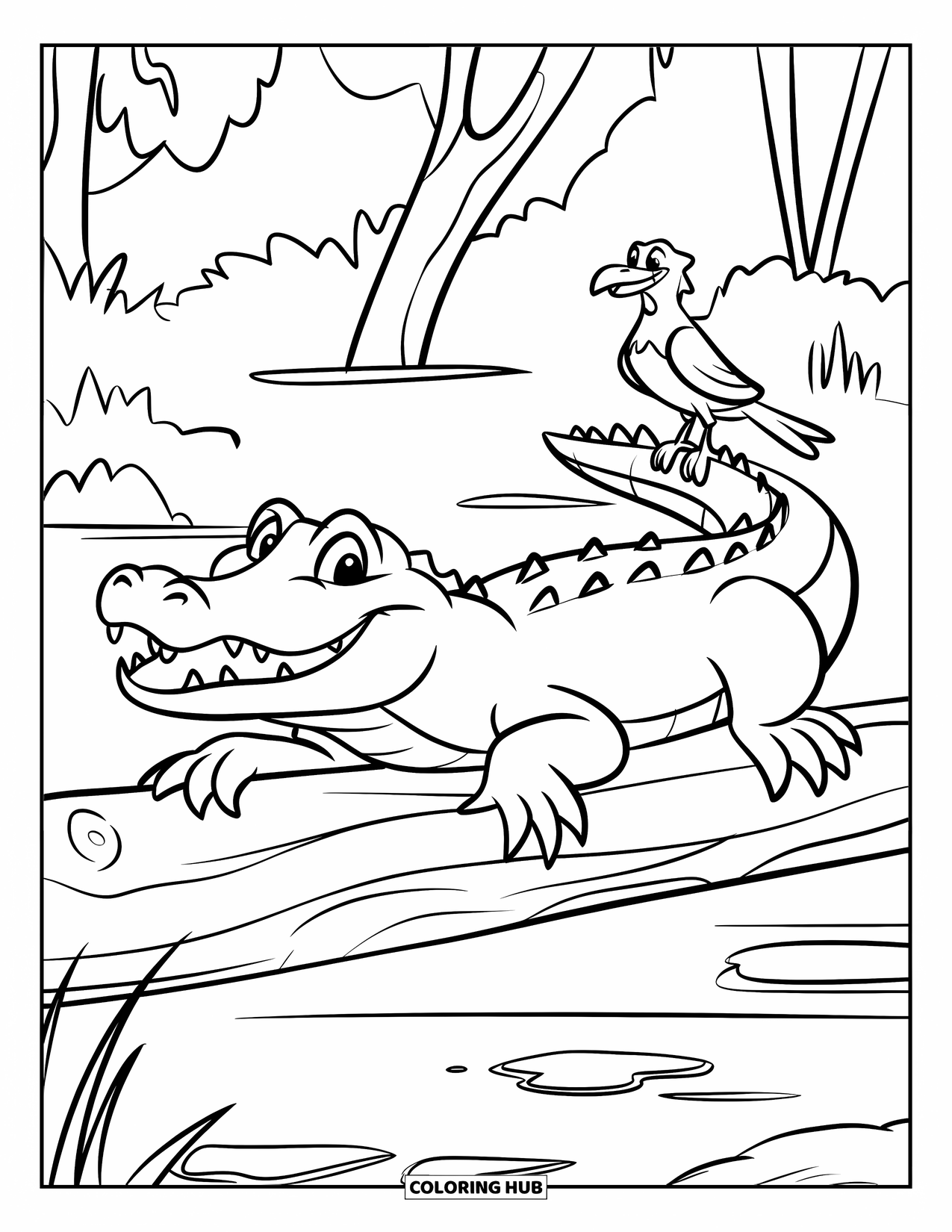 Alligator Coloring Page for Kids: A grinning alligator rests on a log while a bird watches nearby