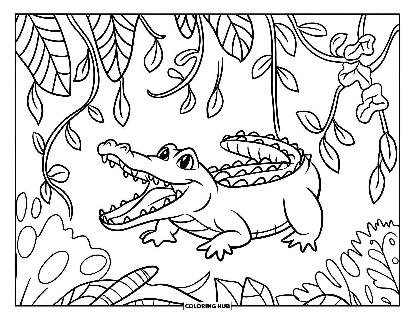 Alligator Coloring Page for Kids: A happy alligator peeks through twisting vines and jungle leaves