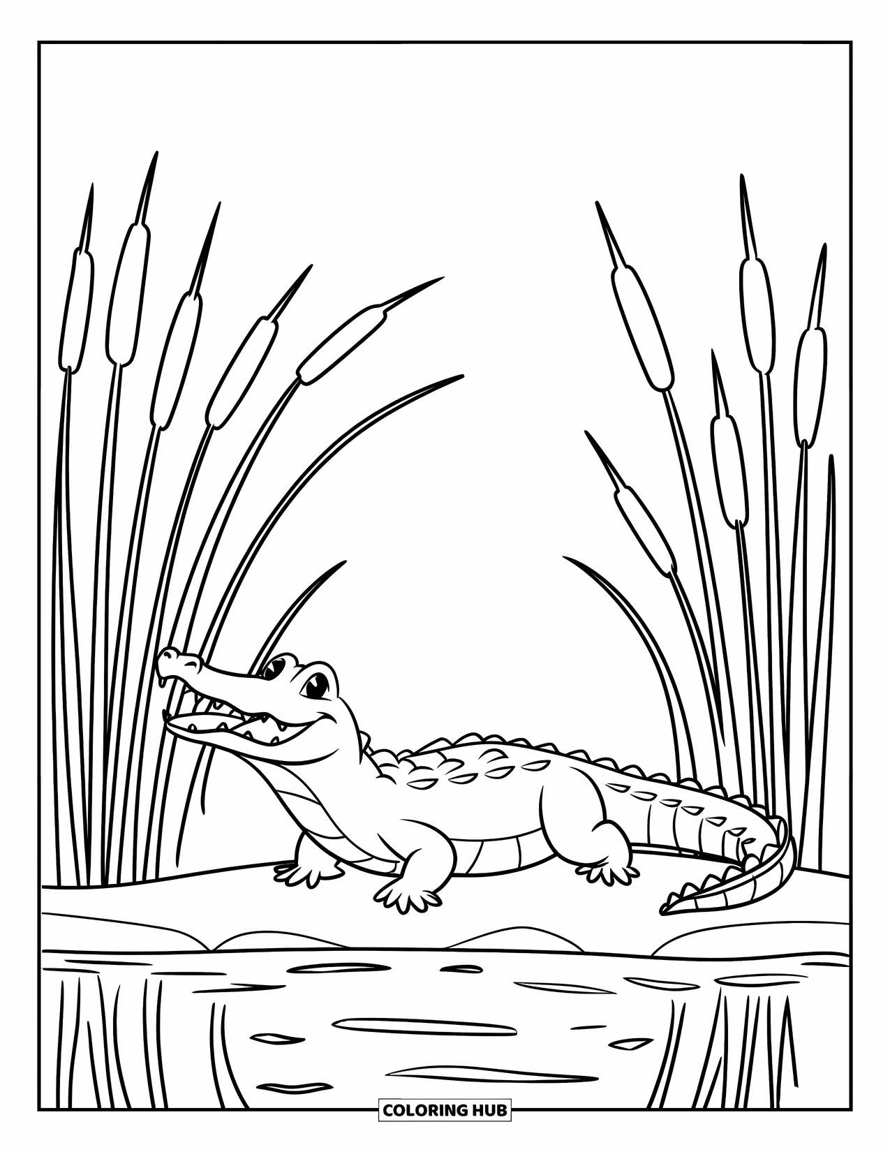 Alligator Coloring Page for Kids: A happy alligator shows its teeth while standing among swaying reeds near calm water