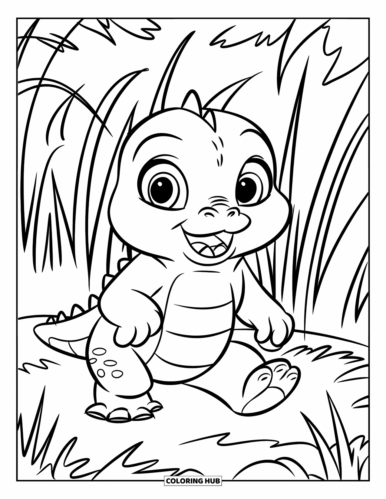Alligator Coloring Page for Kids: A happy baby alligator walks through a grassy field with a big grin