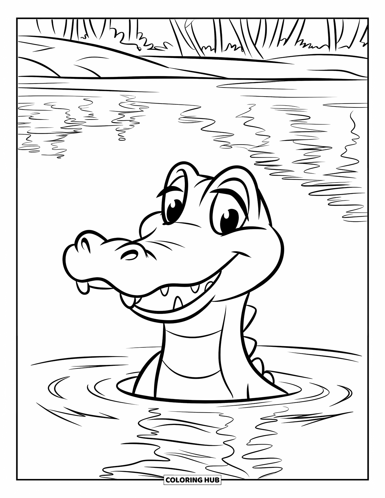 Alligator Coloring Page for Kids: A joyful alligator's head pops up from a calm lake with trees in the distance