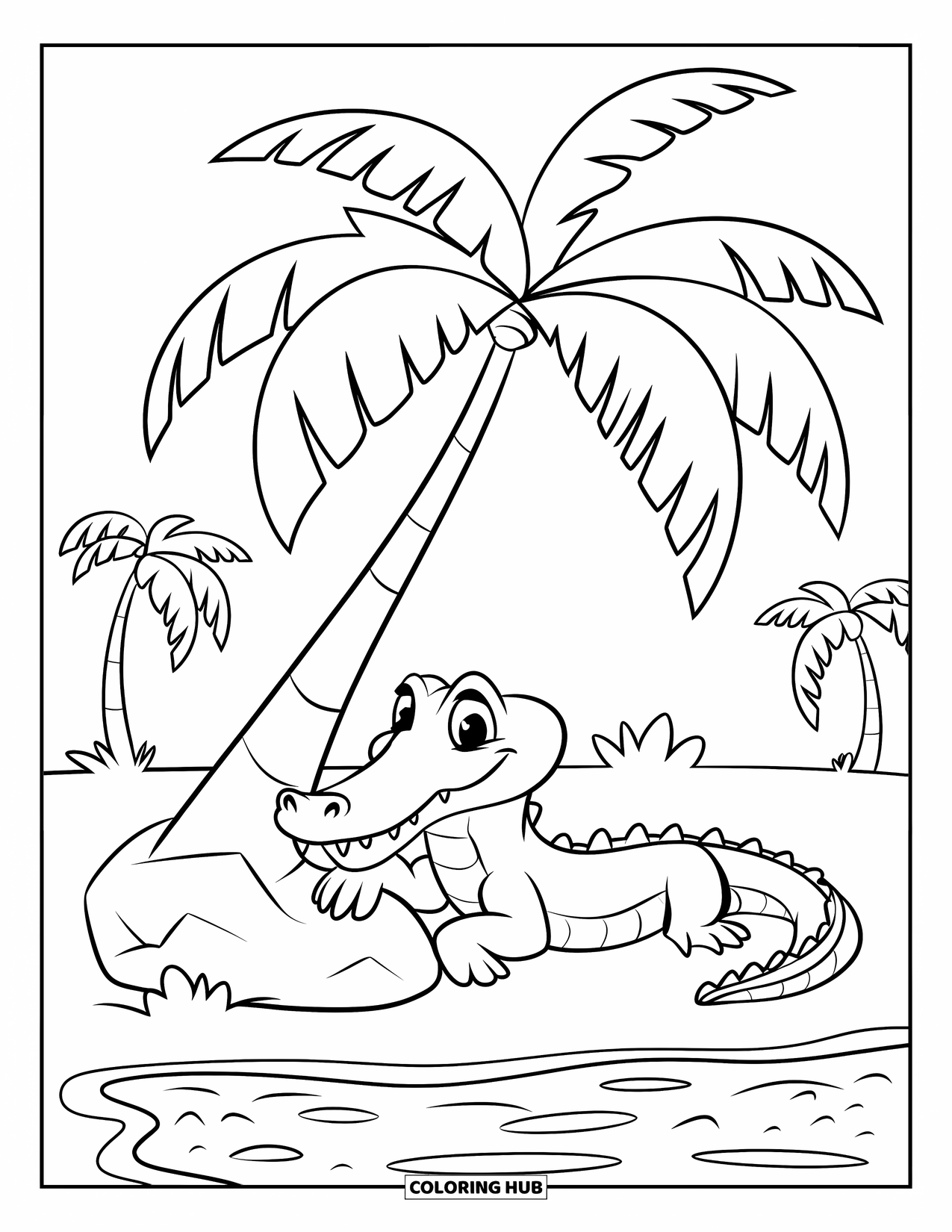 Alligator Coloring Page for Kids: A laid-back alligator chills under palm trees near a large rock