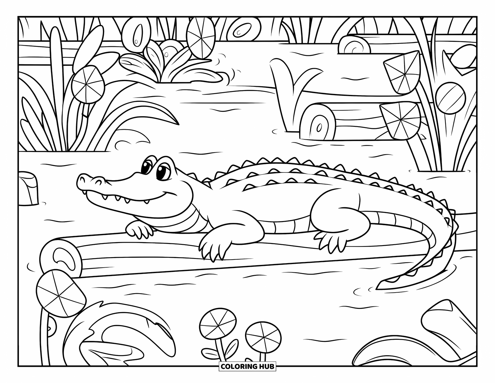 Alligator Coloring Page for Kids: A resting alligator lies on a log surrounded by swamp flowers and leafy plants