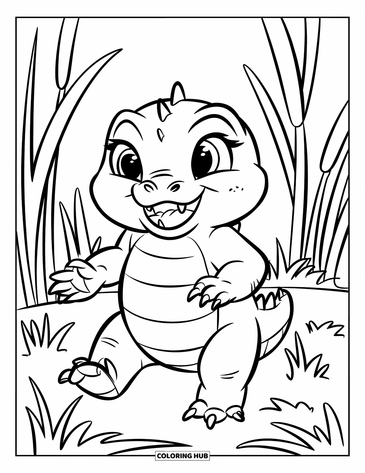 Alligator Coloring Page for Kids: A round-eyed alligator strolls through grass with a playful look