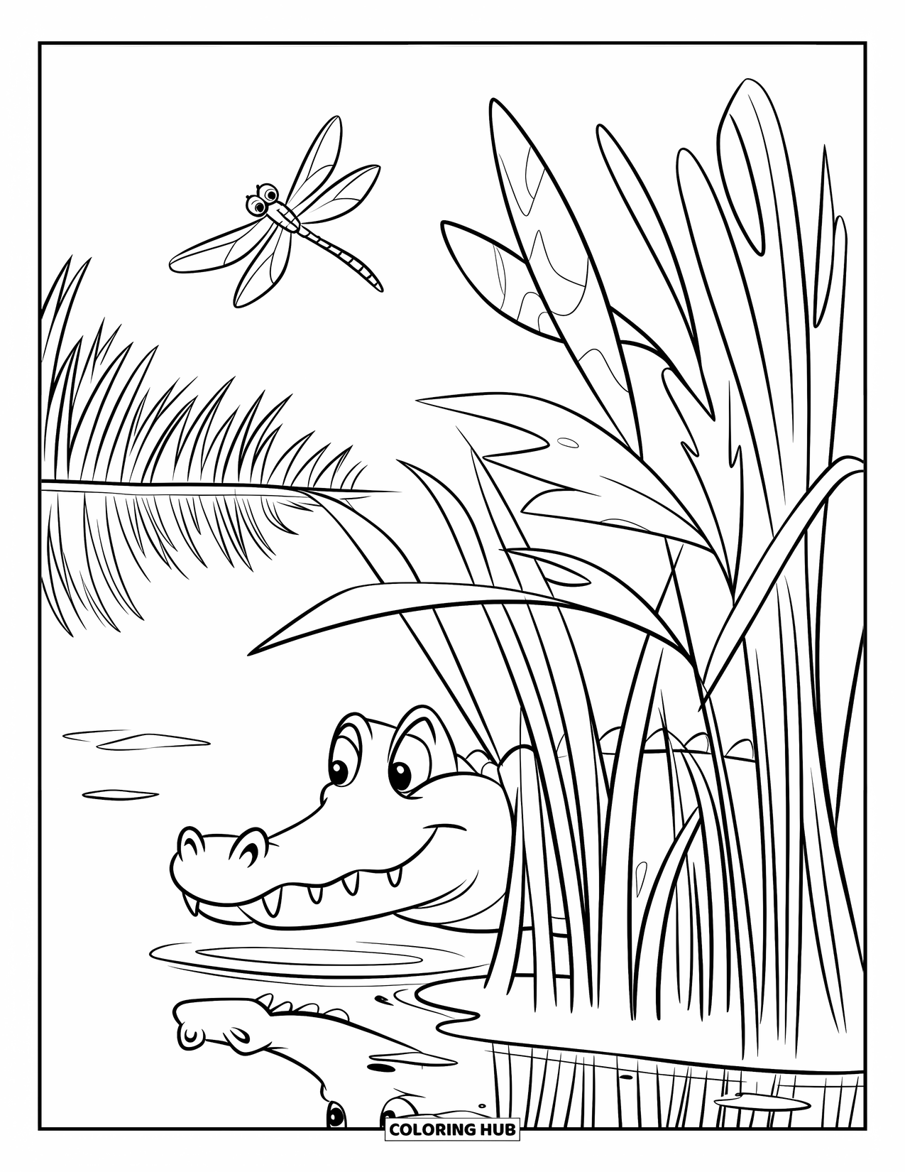 Alligator Coloring Page for Kids: A shy alligator watches a dragonfly near a quiet lake
