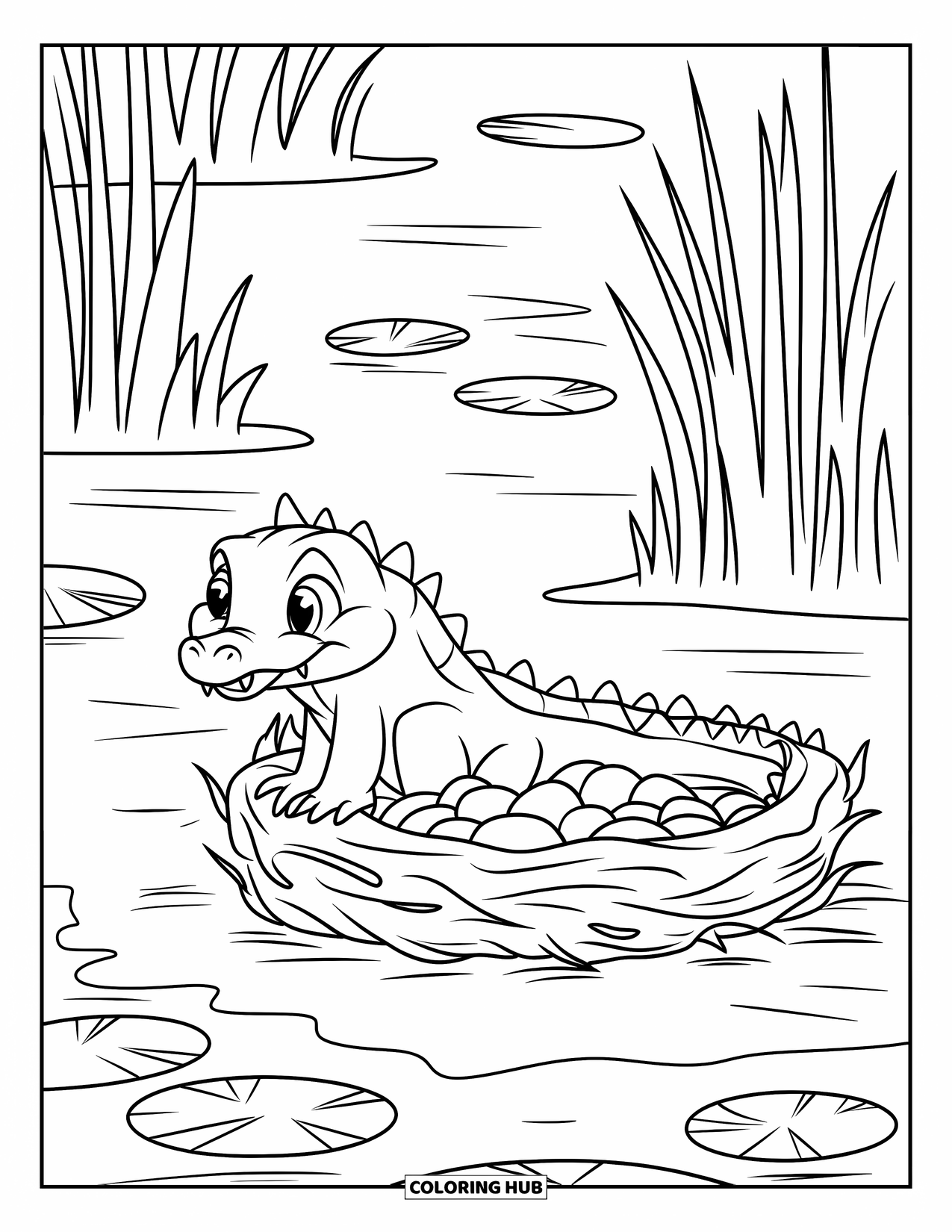 Alligator Coloring Page for Kids: A small alligator watches over its eggs in a peaceful swamp setting