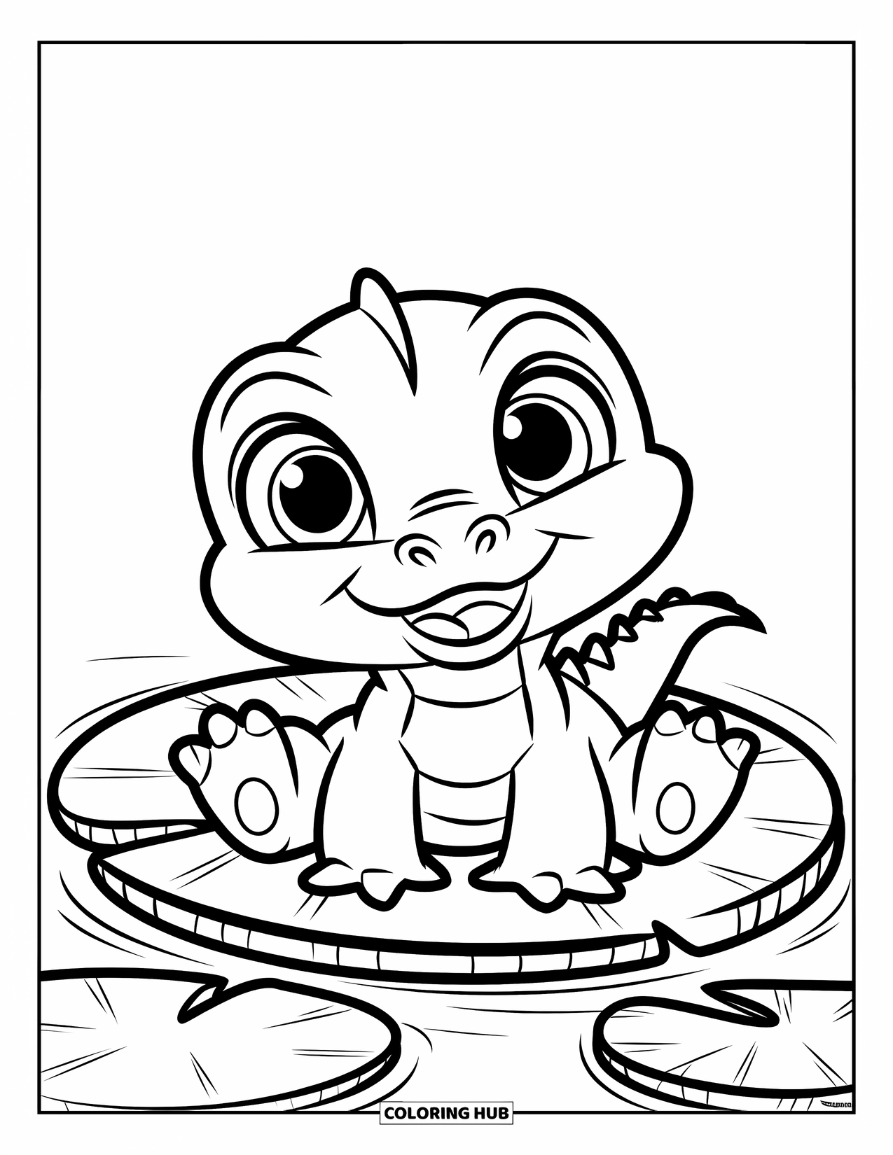 Alligator Coloring Page for Kids: A small alligator with big eyes smiles from a lily pad in a peaceful pond