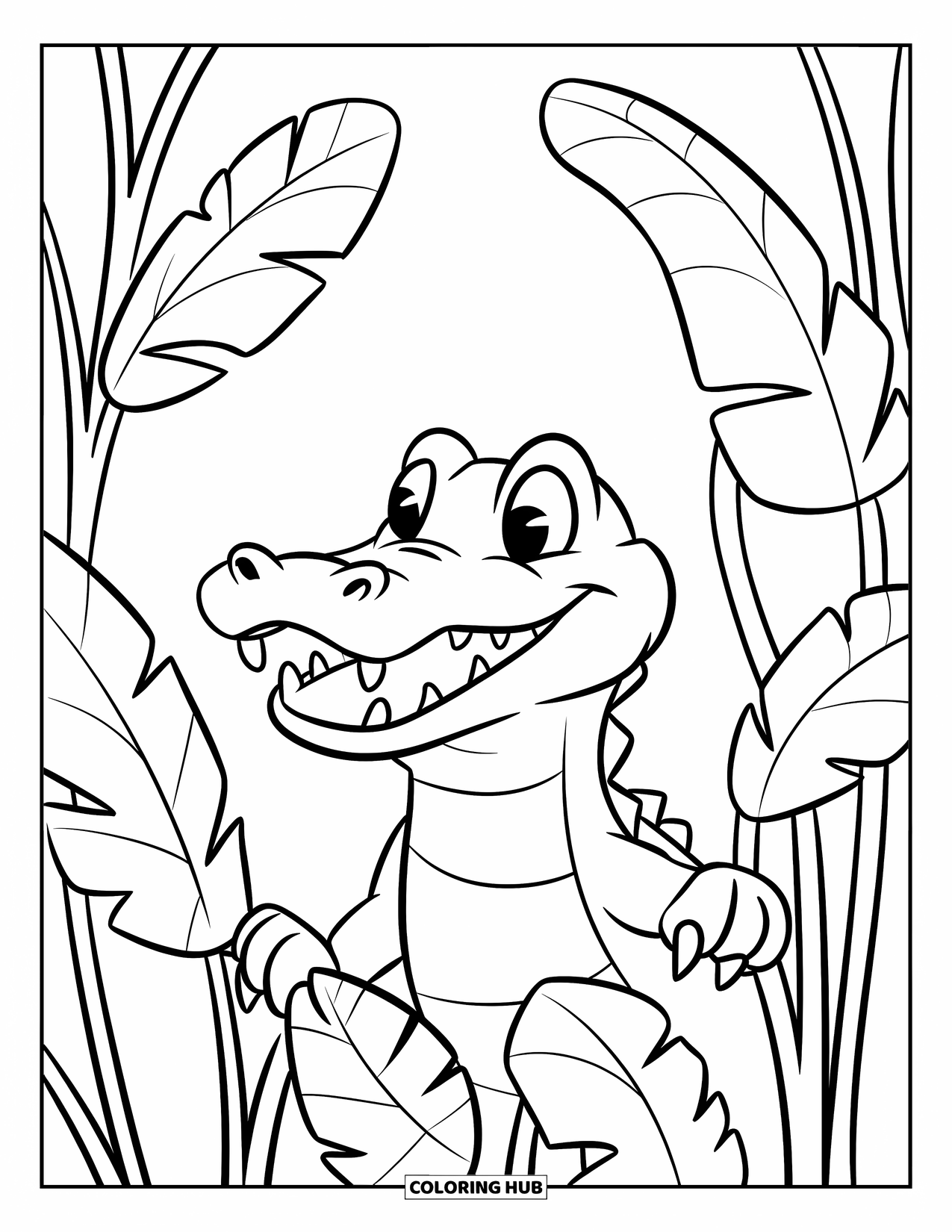 Alligator Coloring Page for Kids: A smiling alligator hides among jungle leaves with a playful look