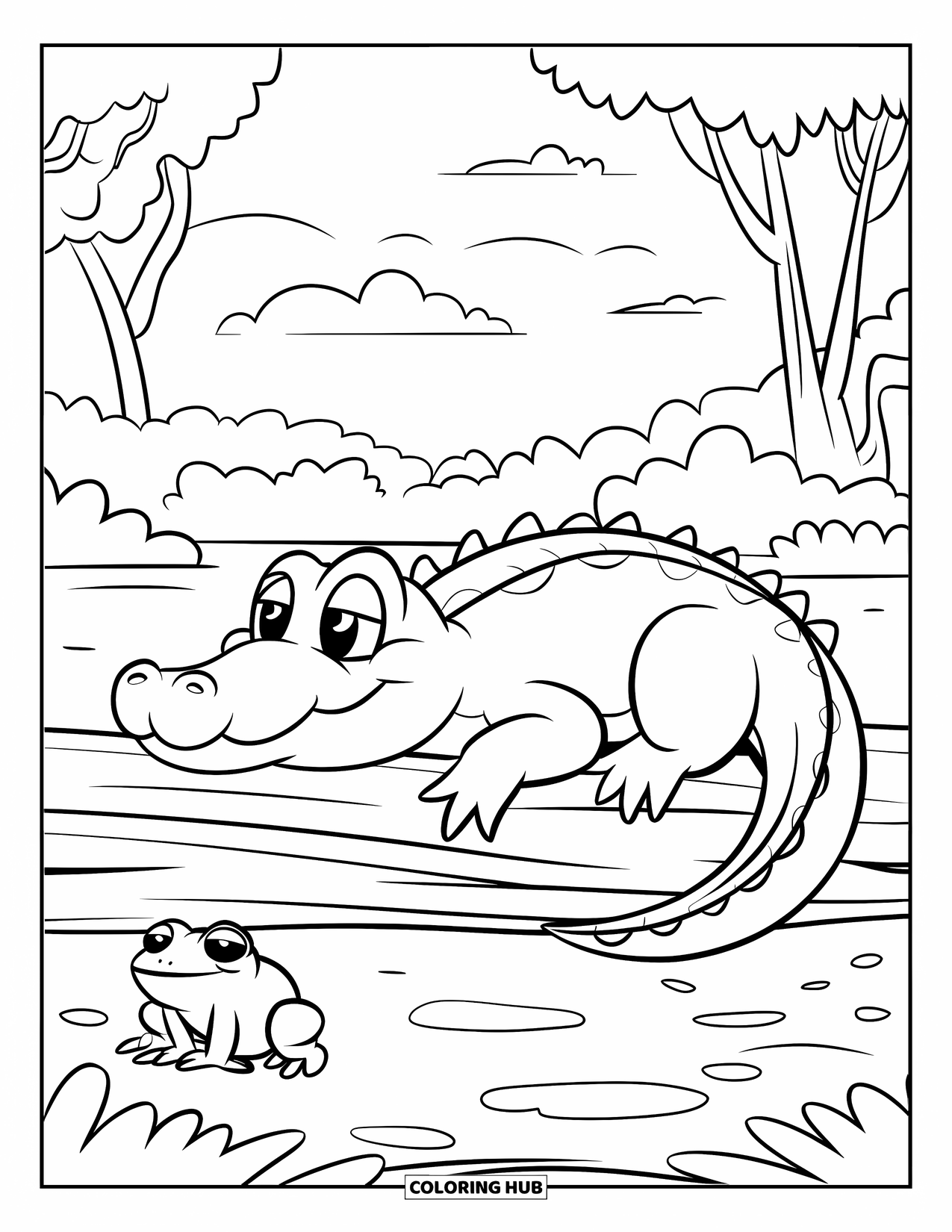 Alligator Coloring Page for Kids: A smiling alligator rests by the water as a frog watches from a lily pad