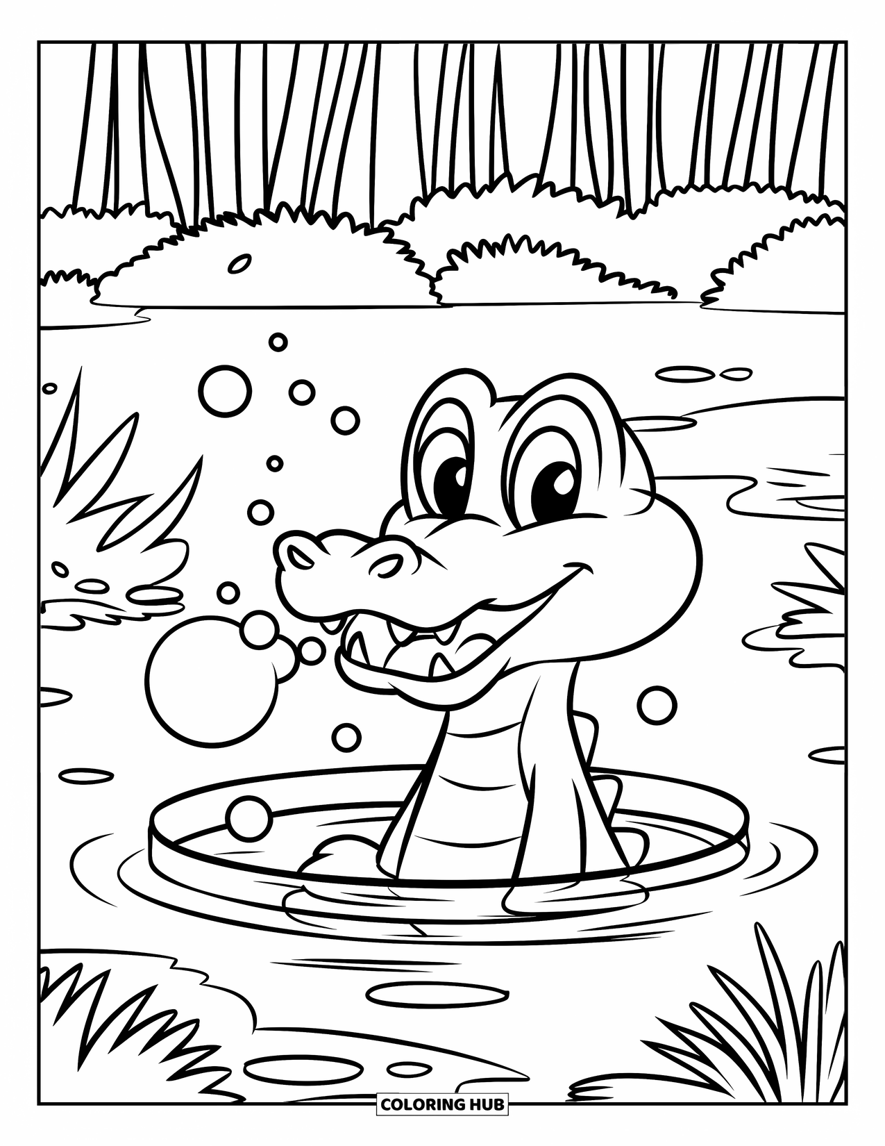 Alligator Coloring Page for Kids: A smiling alligator sits in a pond blowing bubbles under a clear sky