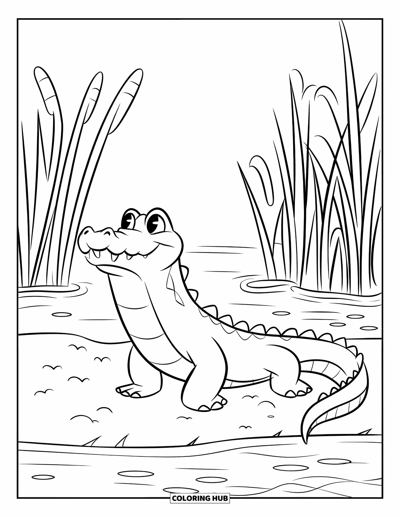 Alligator Coloring Page for Kids: A smiling alligator stands on the riverbank surrounded by tall, thin reeds
