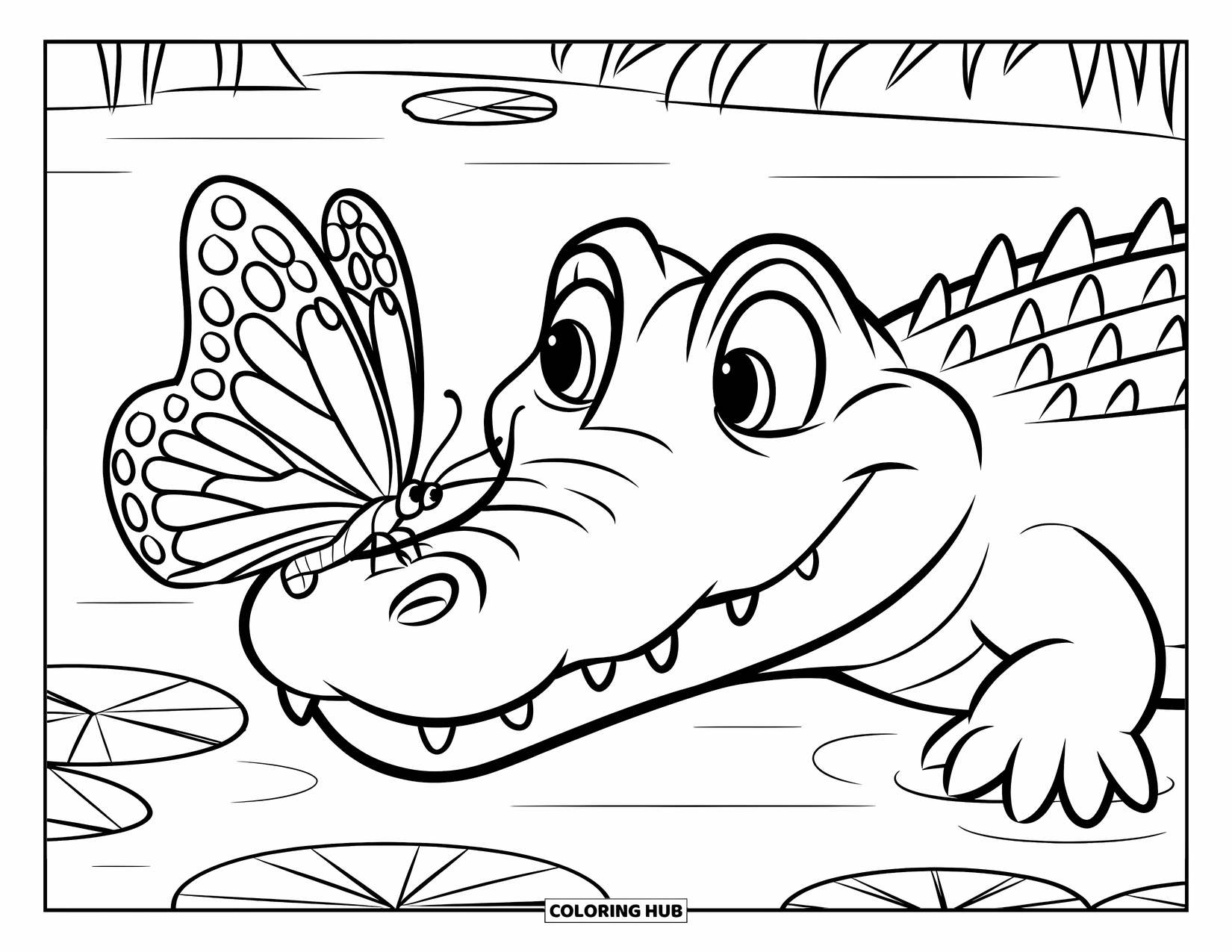 Alligator Coloring Page for Kids: A smiling alligator watches a butterfly flutter above a quiet lake