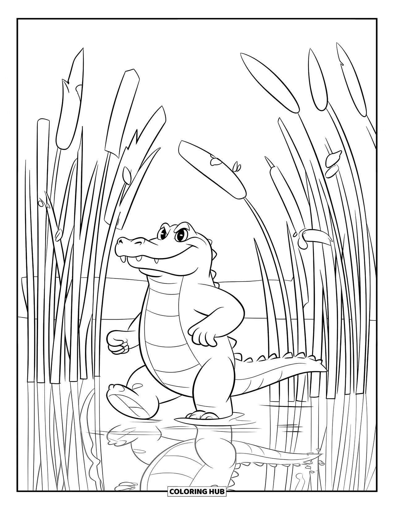 Alligator Coloring Page for Kids: A swaggering alligator walks through tall reeds with reflections on the water