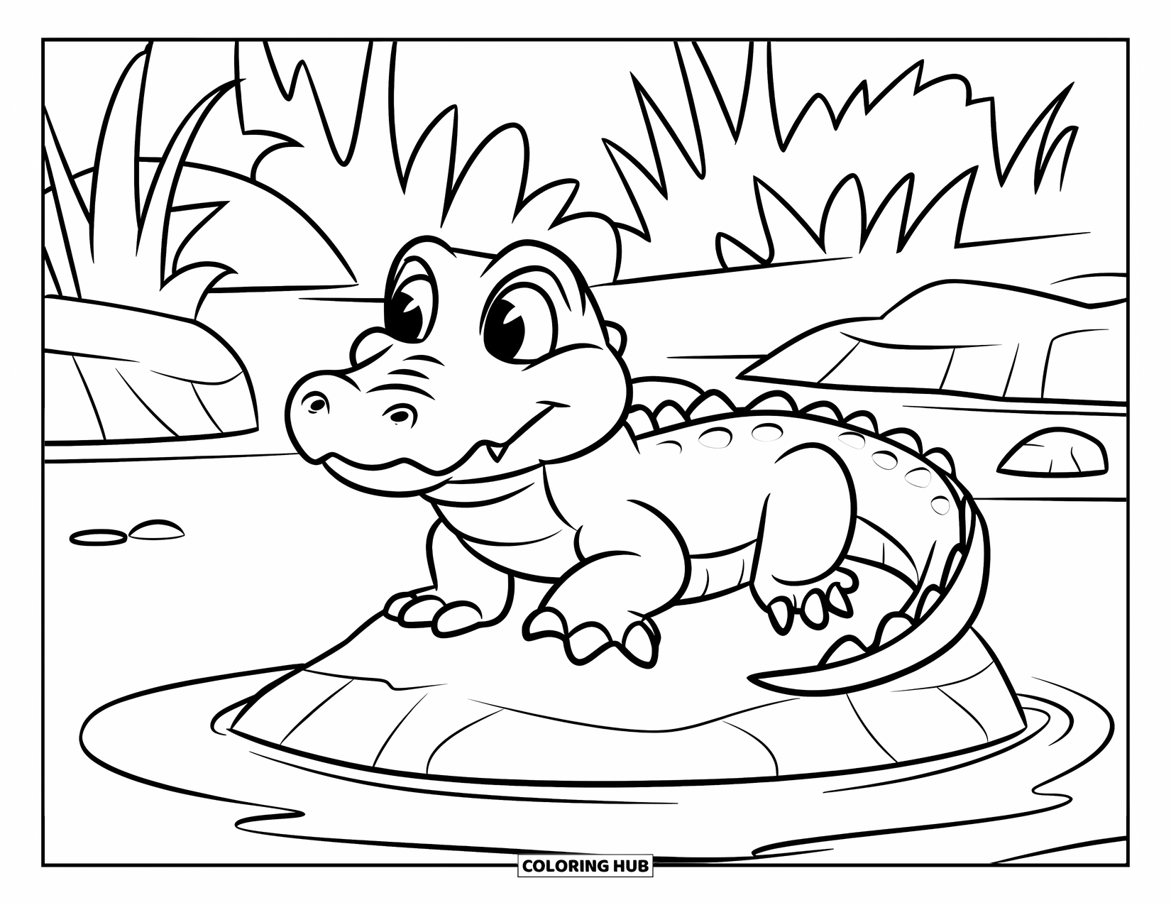 Alligator Coloring Page for Kids: A sweet alligator sits on a rock with plants and water all around