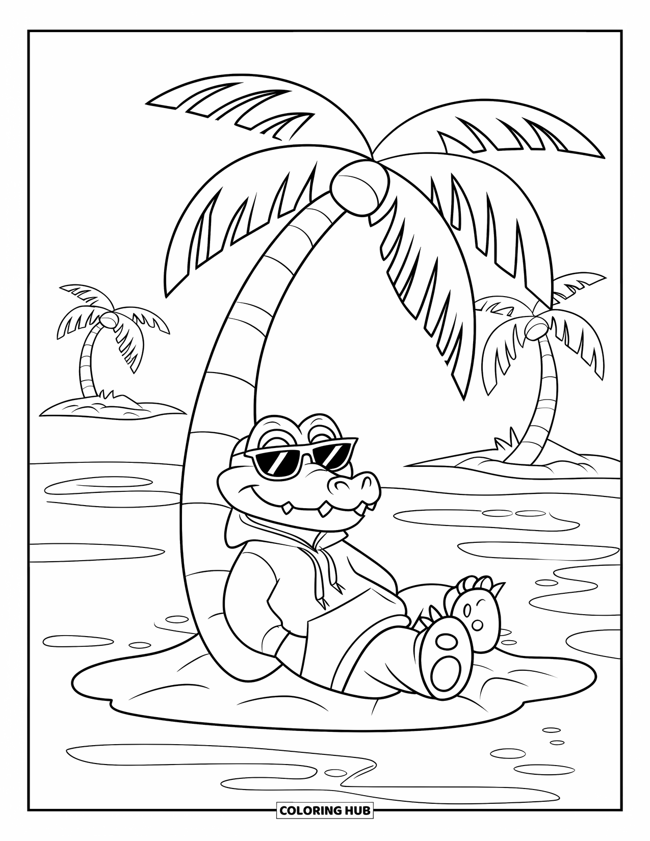 Alligator Coloring Page for Kids: A teen alligator relaxes under a palm tree near a muddy pond